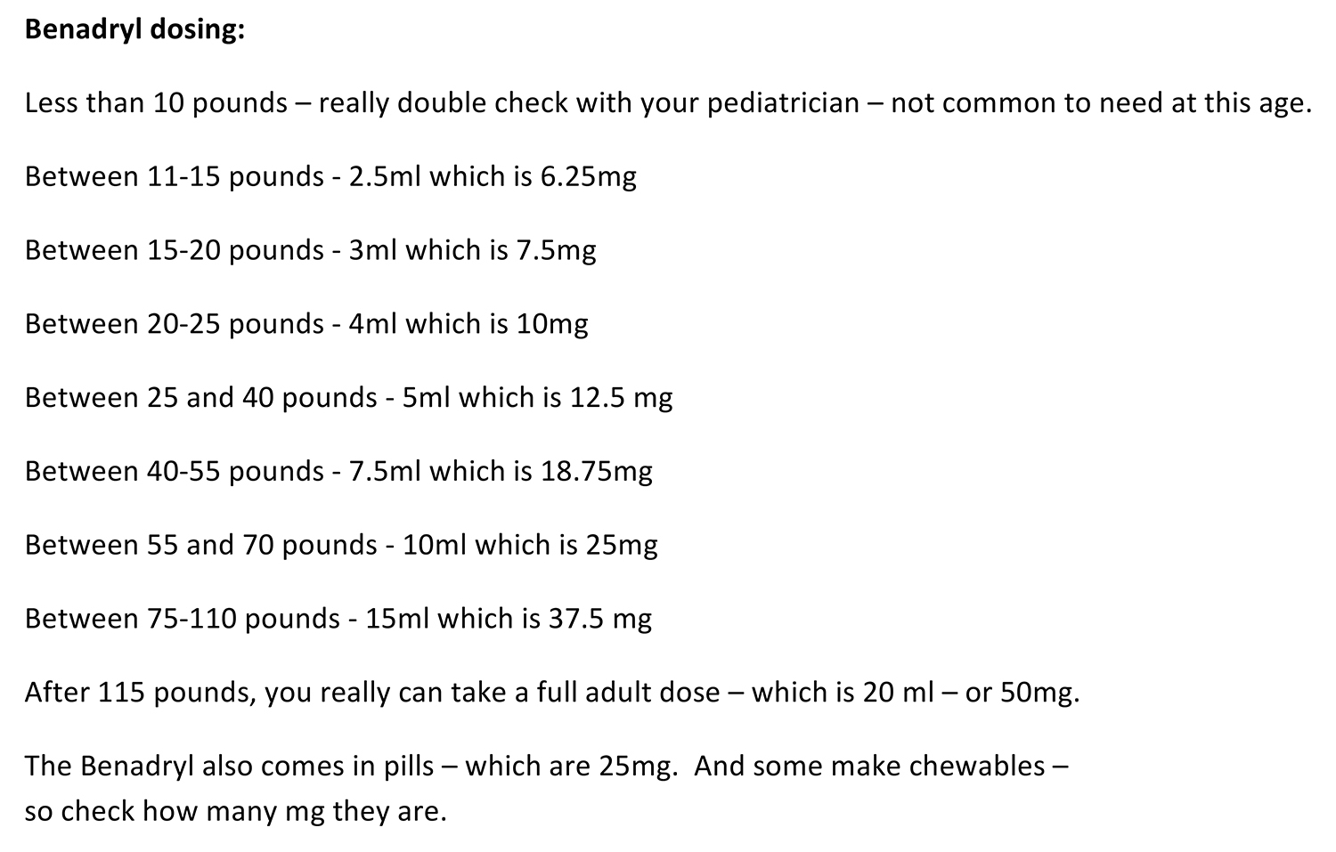 Benadryl Dosage Chart For 18 Month Old