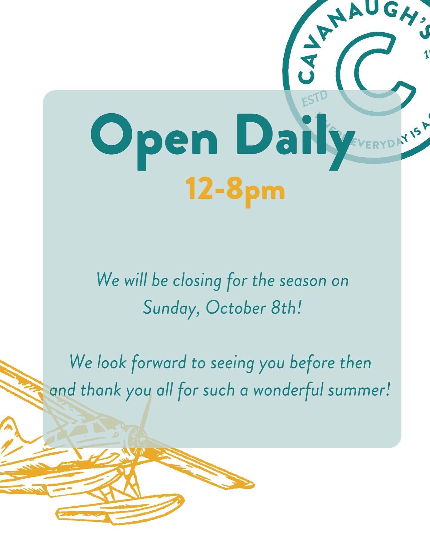 We&rsquo;re rounding the corner on our final two weeks of the season! We are open daily 12-8pm until we shut down for winter on October 8th. 

We want to extend our sincerest gratitude to all of you who visited this summer! We are thrilled to be back