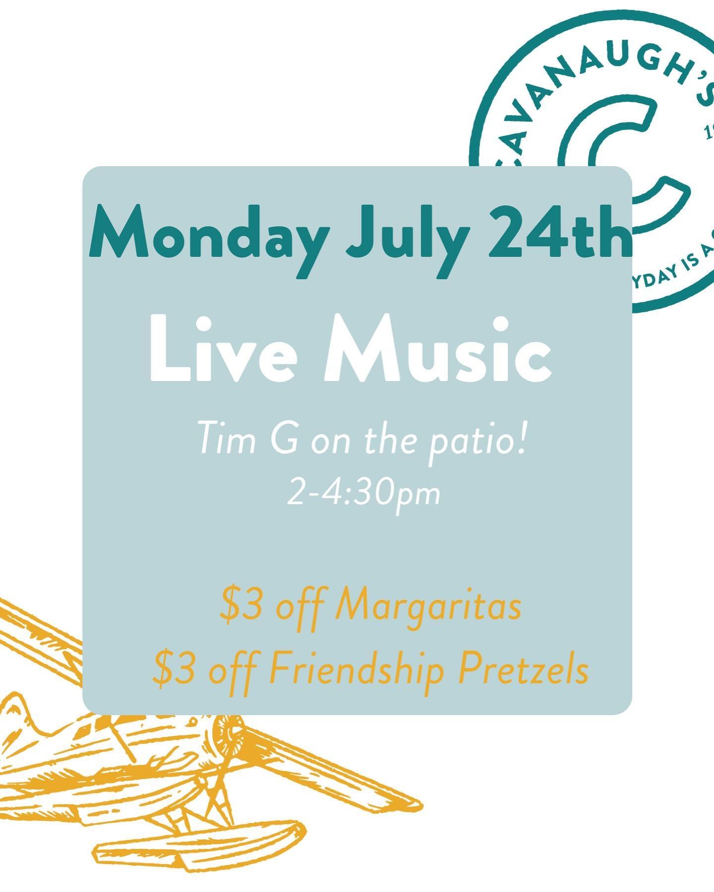 This week at Cavanaugh&rsquo;s ☀️ 

Monday - Music on the patio from 2-4:30! $3 off Margs &amp; Friendship Pretzels. 🎶 🥨 

Tuesday - Tiki Time! $3 off Cavs Tiki cocktails and Potstickers from 2-4:30pm 🌴🍹

Wednesday - Wine and Dine! $3 off house w