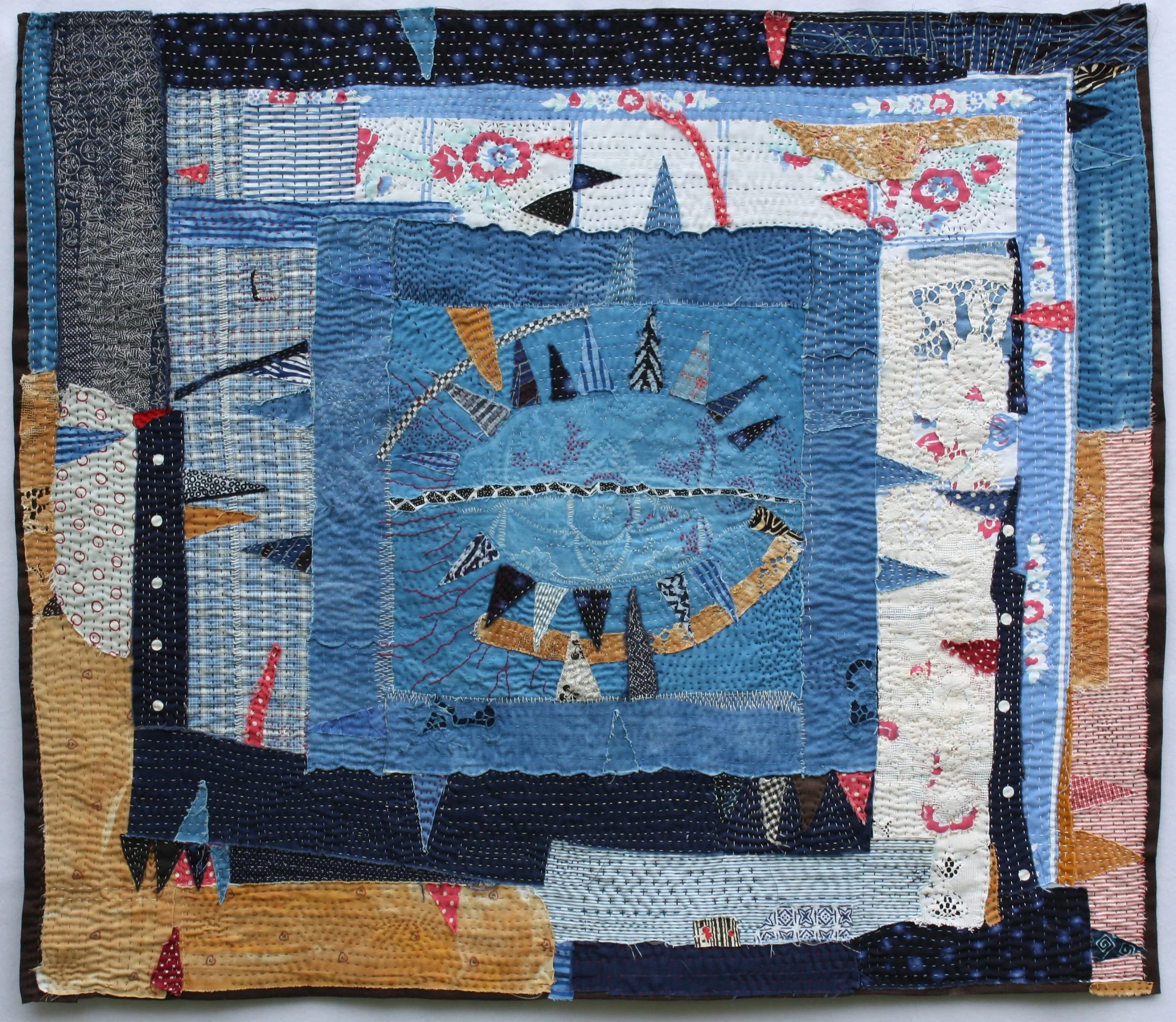 A History of Toil: Marge’s Pickledish, 32 x 37”, cotton,linen, found table linens