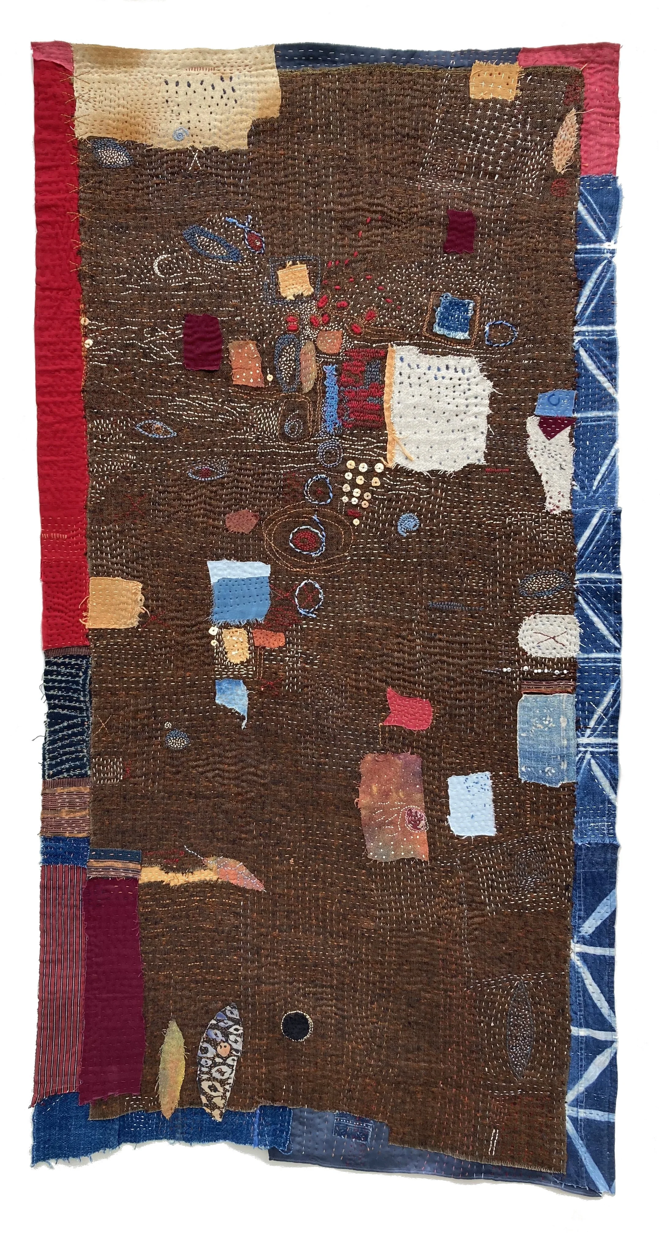   Mind Map: Overthinking     57 × 29”  Linen, cotton, small objects, hand embroidered and stitched 