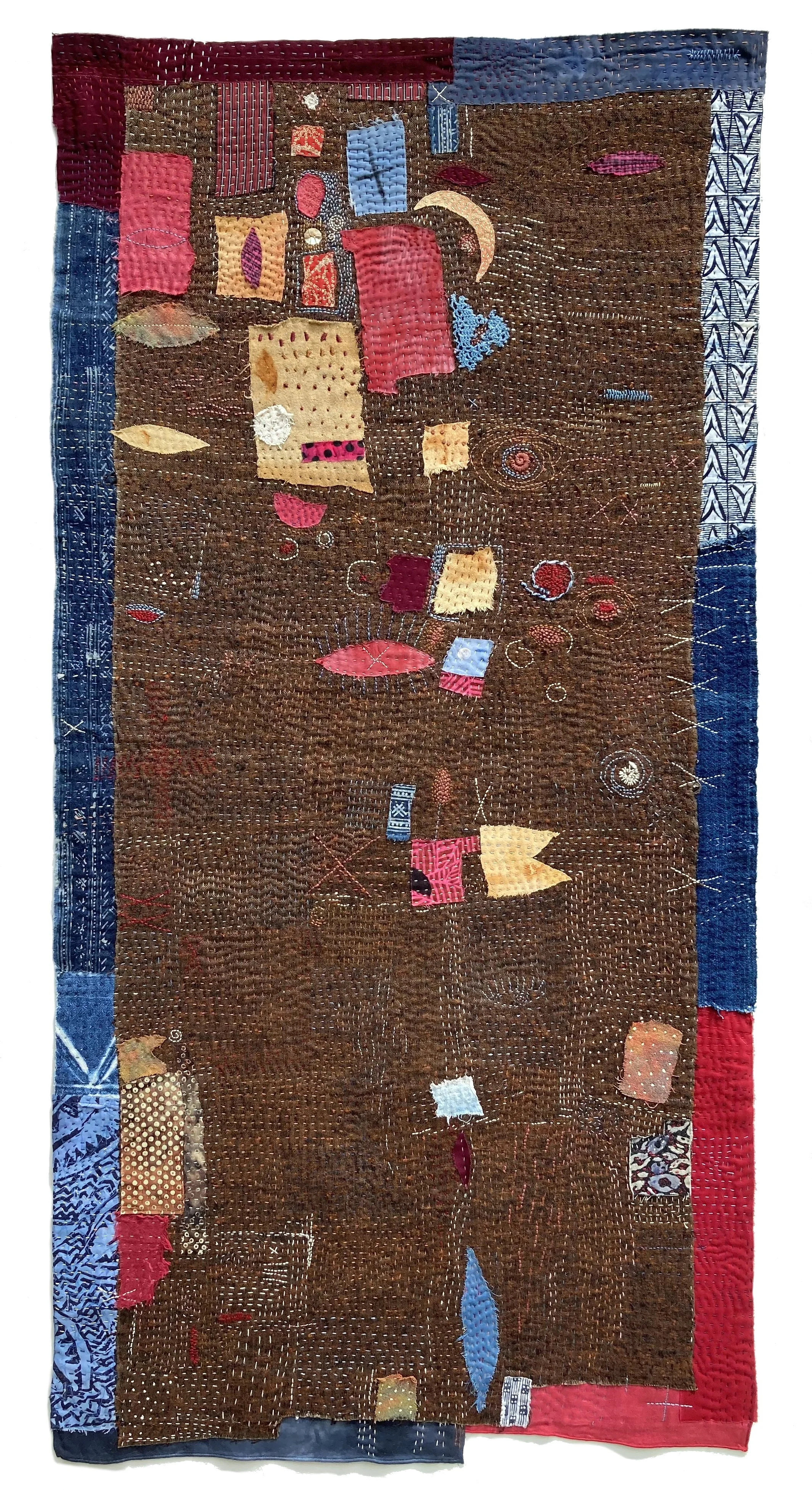   Mind Map: Compartments   58 × 29”  Linen, cotton, button, hand embroidered and stitched 