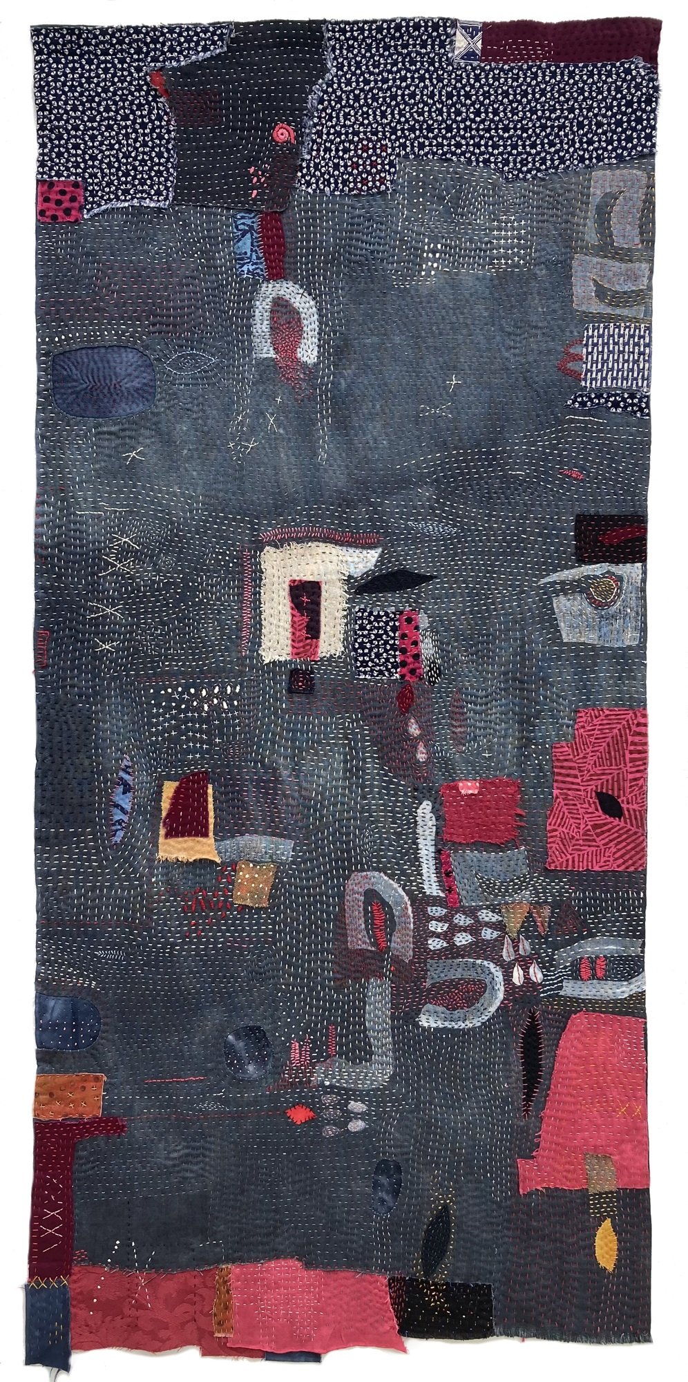   Mind Map: Thinking Routines   61 × 29”  Stamped linen, cotton, hand embroidered and stitched 