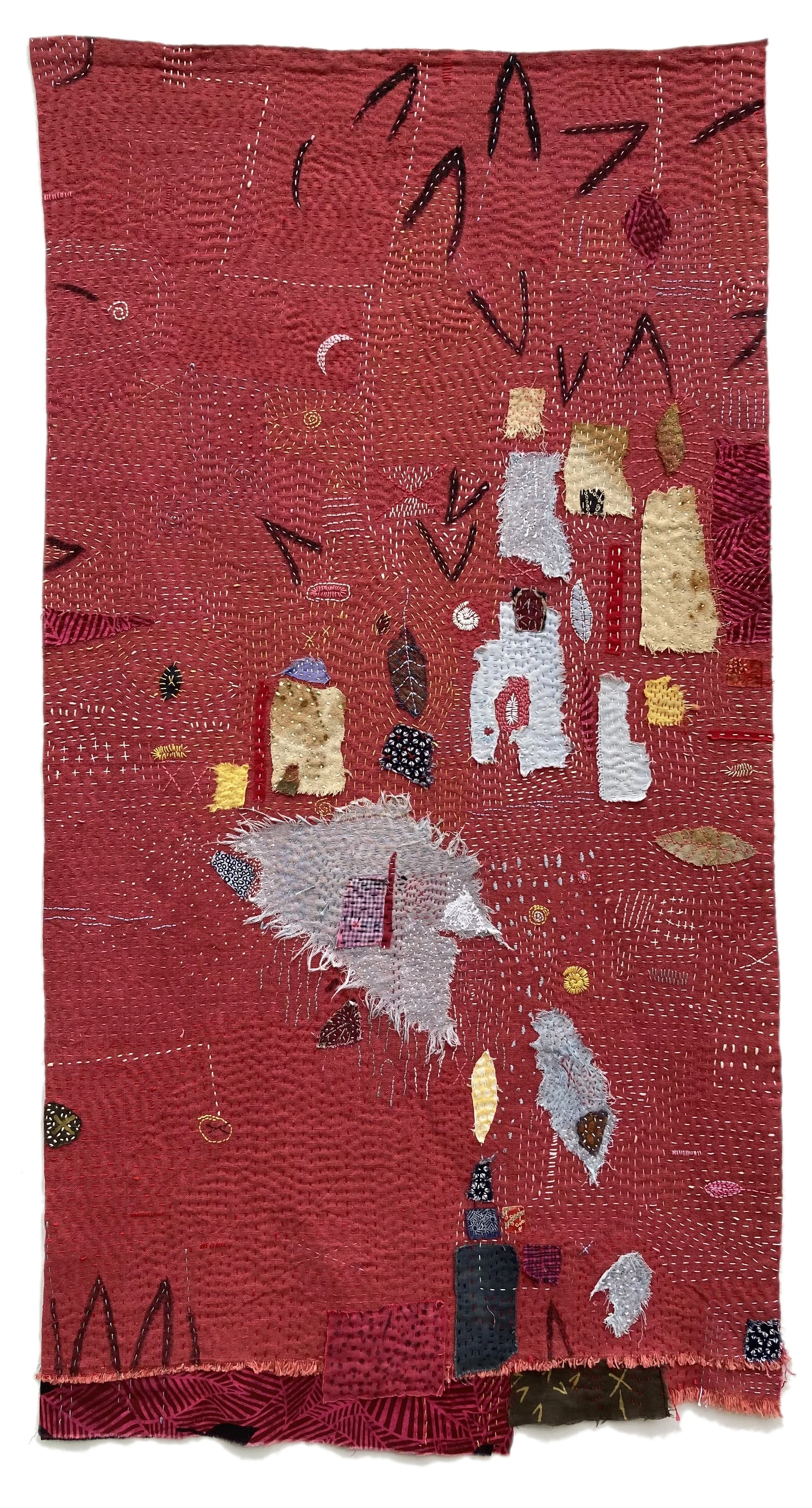   Mind Map: Everything, All at Once   Linen, cotton, silk noil, hand embroidered and stitched 