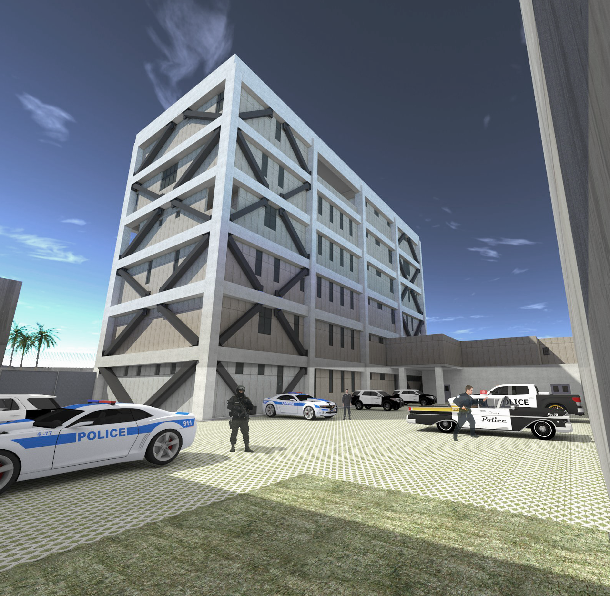 UNIDAD ESPECIALIZADA PARA EL COMBATE AL SECUESTRO. Ciudad de Oaxaca, Oaxaca Cliente: PRECOOR Obra: Edificio de planta regular, con un sótano y 5 niveles de superestructura, resuelto con sistema a base de marcos de concreto, con contravientos de acero y con un sistema de proteccion sismica basado en aisladores de base. Cimentacion a base de zapatas de concreto. 4.500 m2 de construccion..