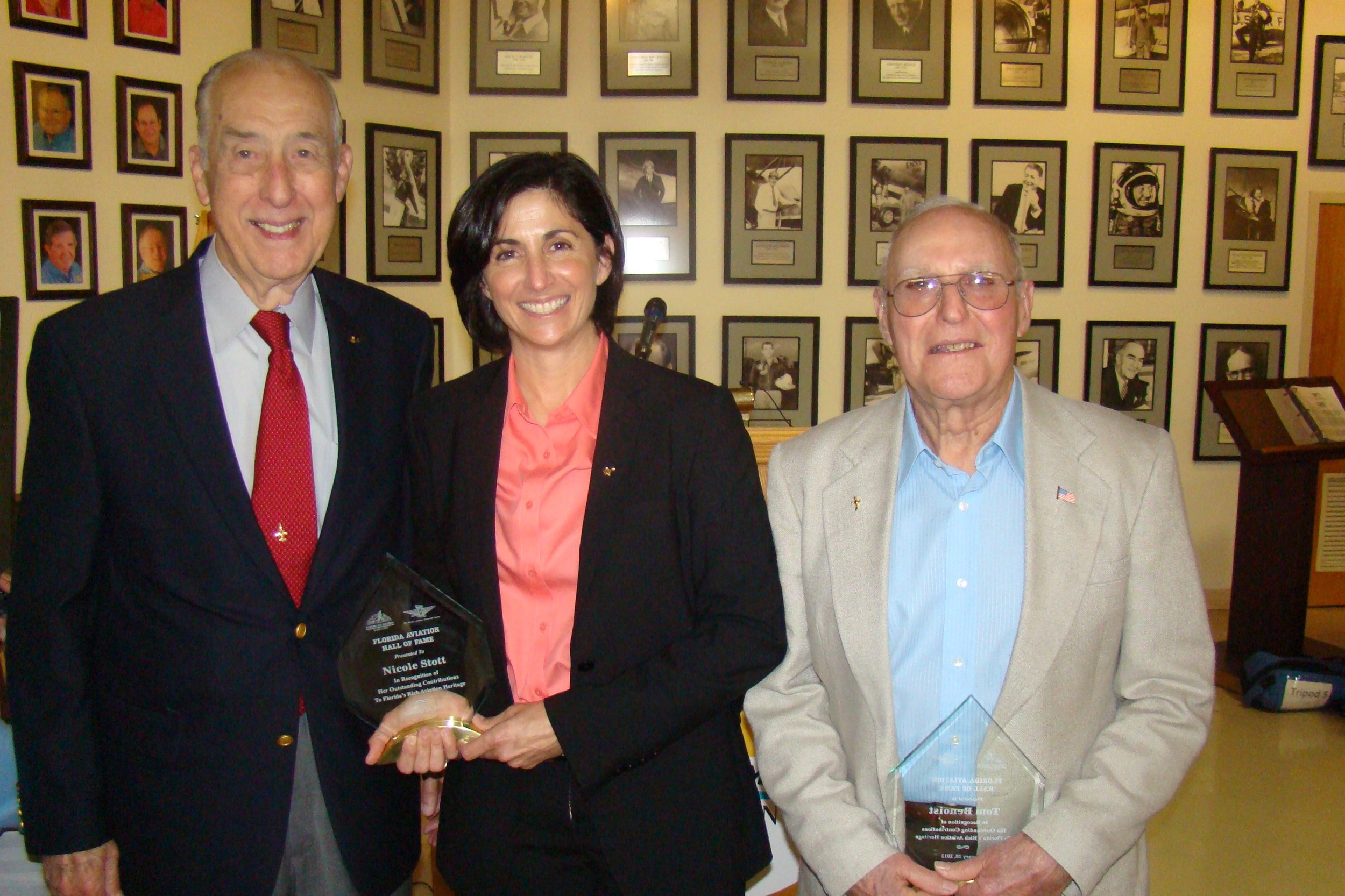 Dick Newton with Nicole Stott and Nephew of Thomas W. Benoist after FAHOF Induction Ceremony, 28 Jan '12.JPG