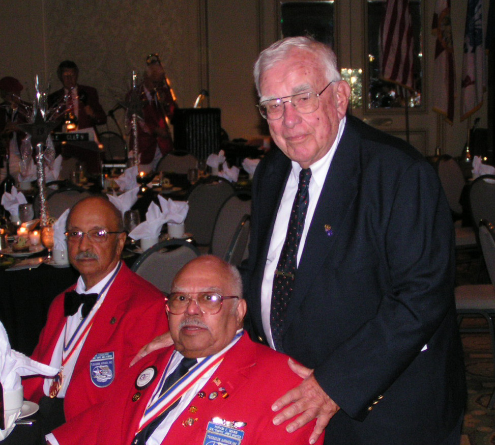 Bob Cutler with two Tuskegee Airmen; one who escorted his battle-damaged B-24 to home base in WWII, 12 Nov '05.jpg