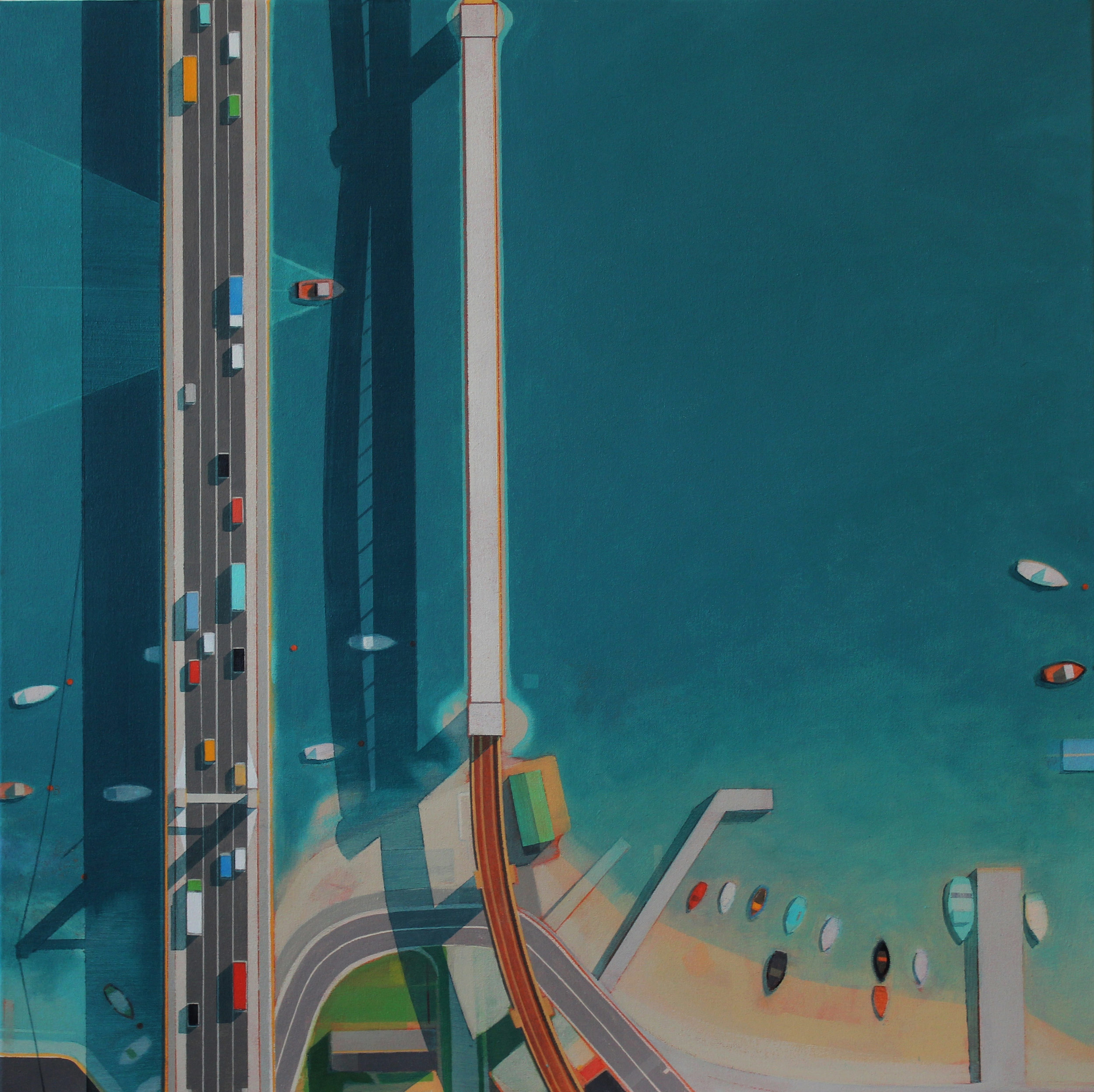 Bridges across the Tamar, Plymouth, 80x80 cm, acrylic on canvas, £sold.