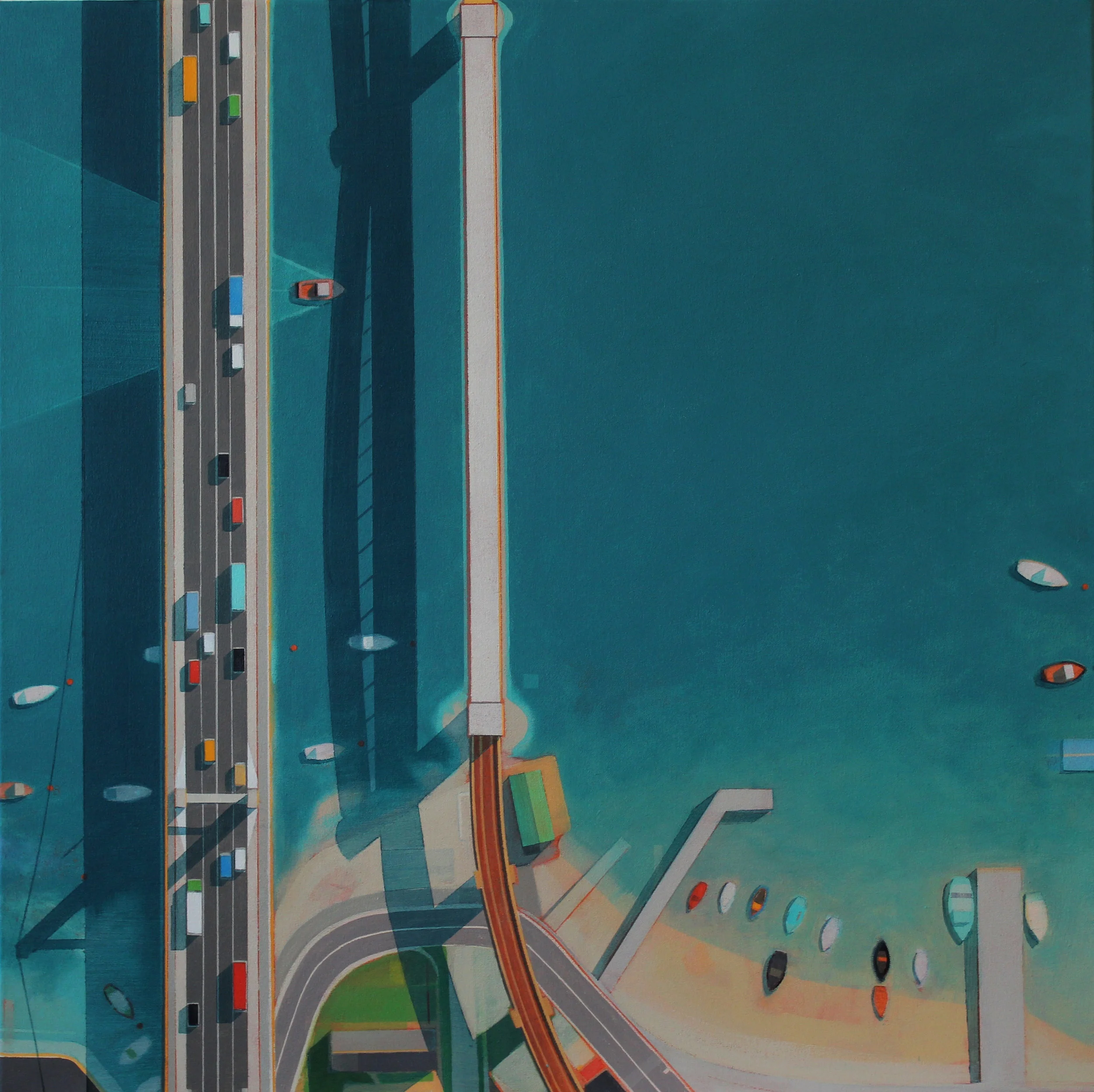 Bridges across the Tamar, Plymouth, 80x80 cm, acrylic on canvas, £sold.