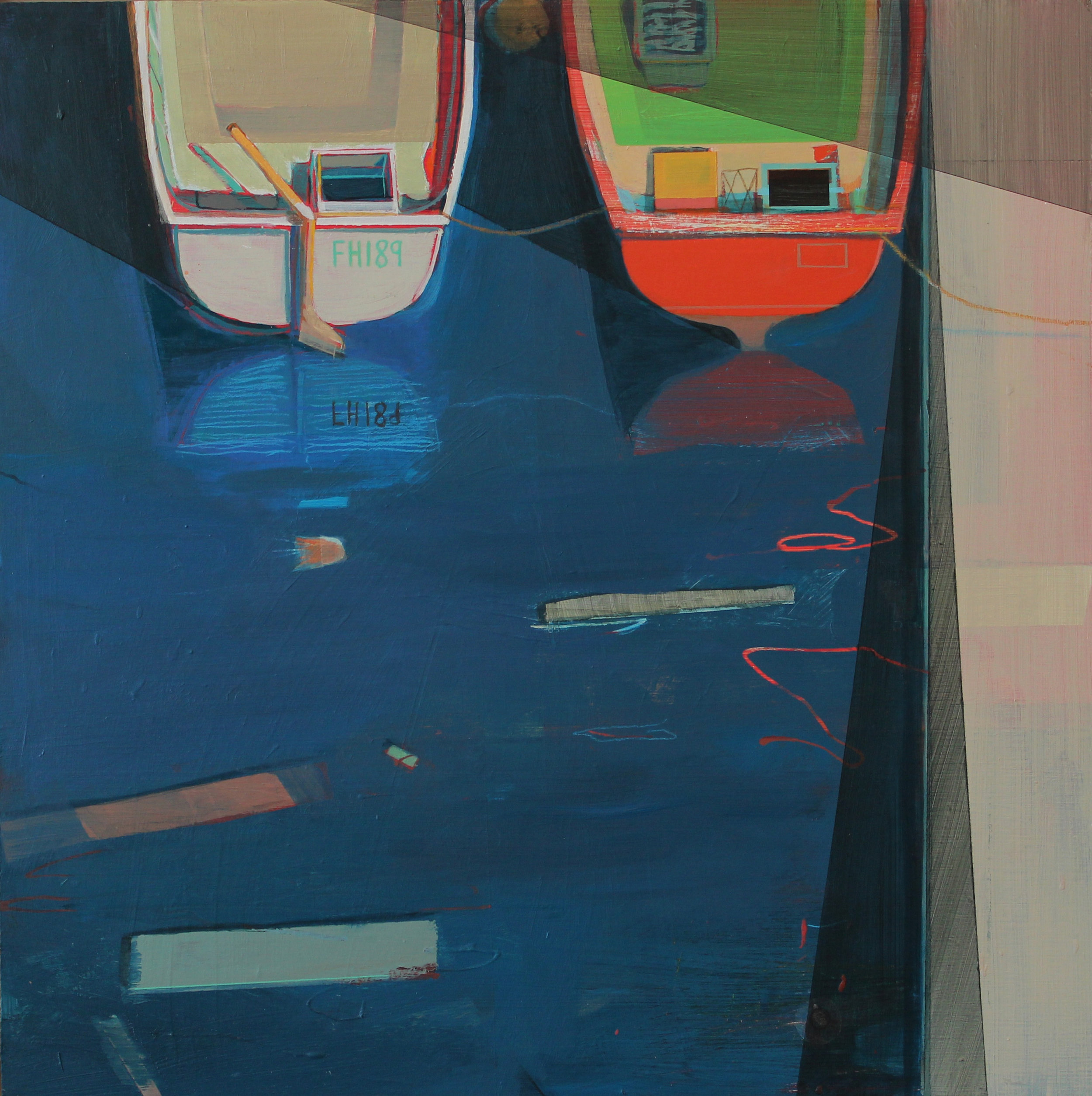 Two boats and a slipway, 45x45 cm, acrylic on board, £1050.