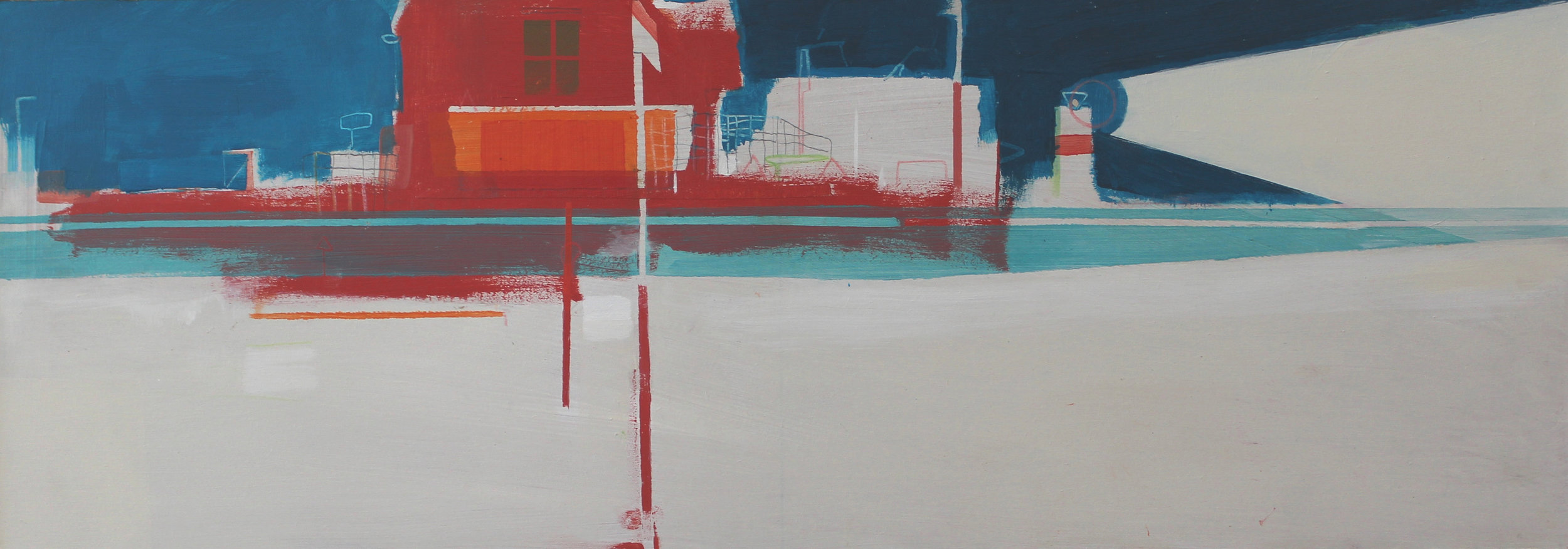 Harbour buildings and lighthouse, acrylic on board, 21.5x61 cm, £900.