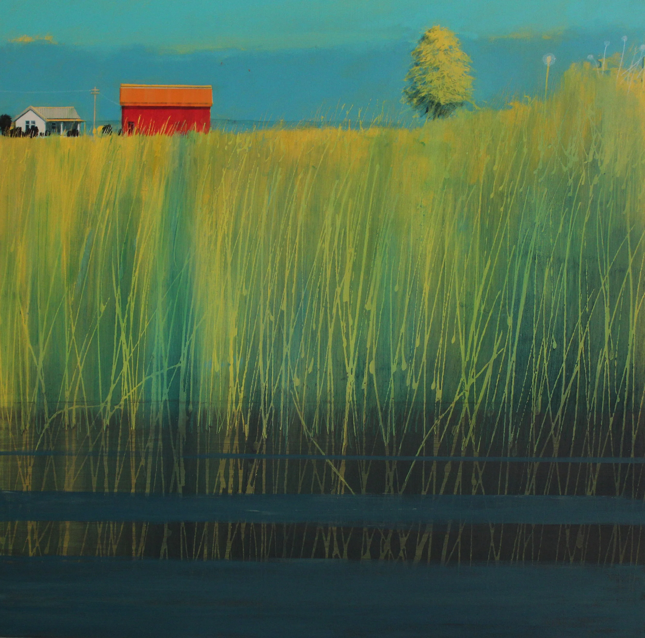 River reeds and farm buildings, Cornwall, acrylic on board, 61x62 cm, £sold.