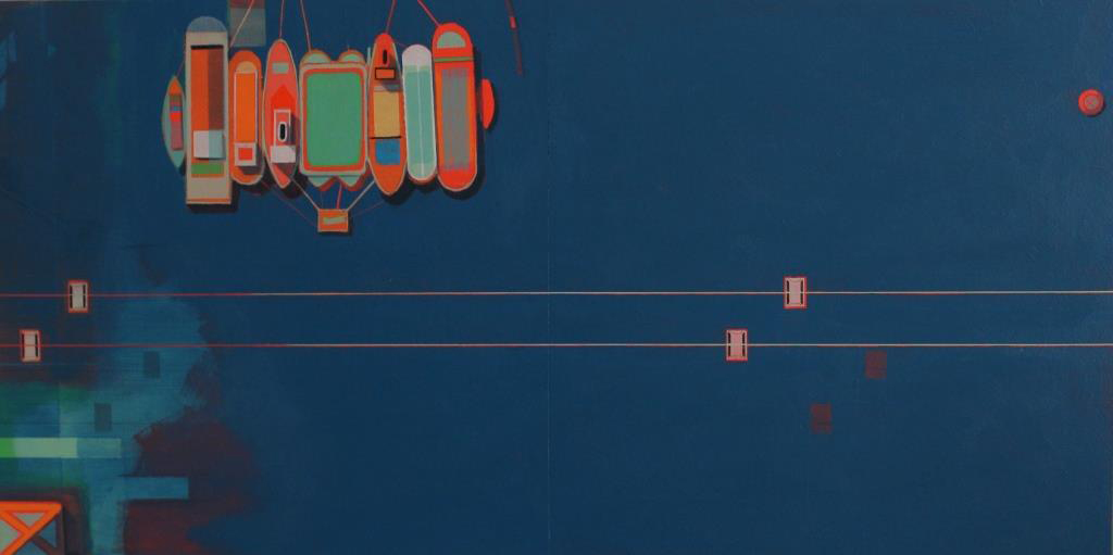 Thames cable car and moored barges, acrylic on board , 30x60 cm £sold.