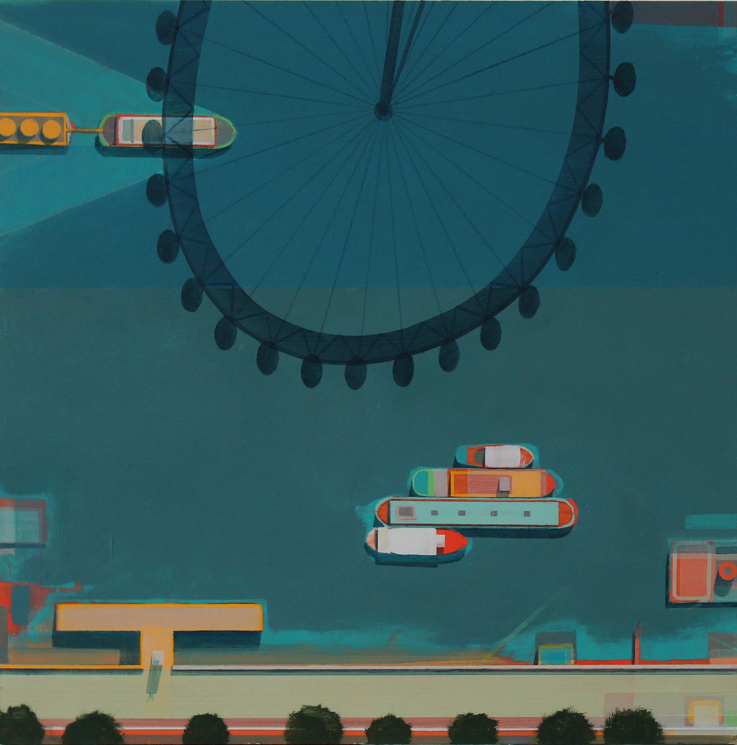 Barges on the Thames, London Eye shadow, acrylic on board, 35x35 cm £sold