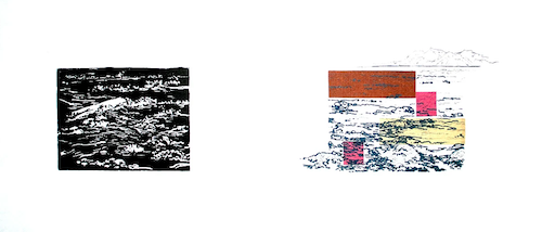 Up to Now I Linocut, Polyester Plate Lithography, Chine Collé Framed: 12 x 21 inches