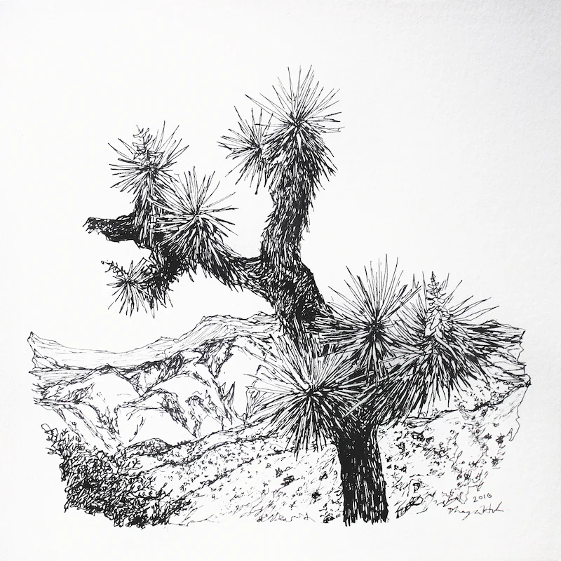 Joshua Tree Acrylic and Ink 8” x 8”, 14” x 14” framed 2017