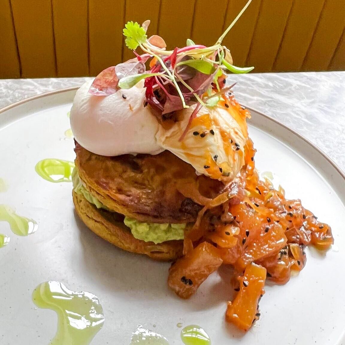 Time to share another brand new dish - you'll find these Onion Bhaji Fritters on our breakfast menu and our new Festival Brunch menu, served daily from 12-3pm.

These oven-baked onion bhaji fritters are sandwiched with smashed avocado, topped with tw