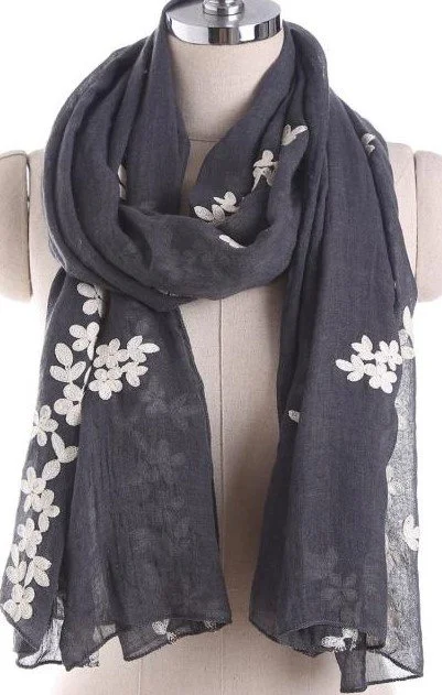 Gray Petunia Cotton Linen Embroidered Scarf