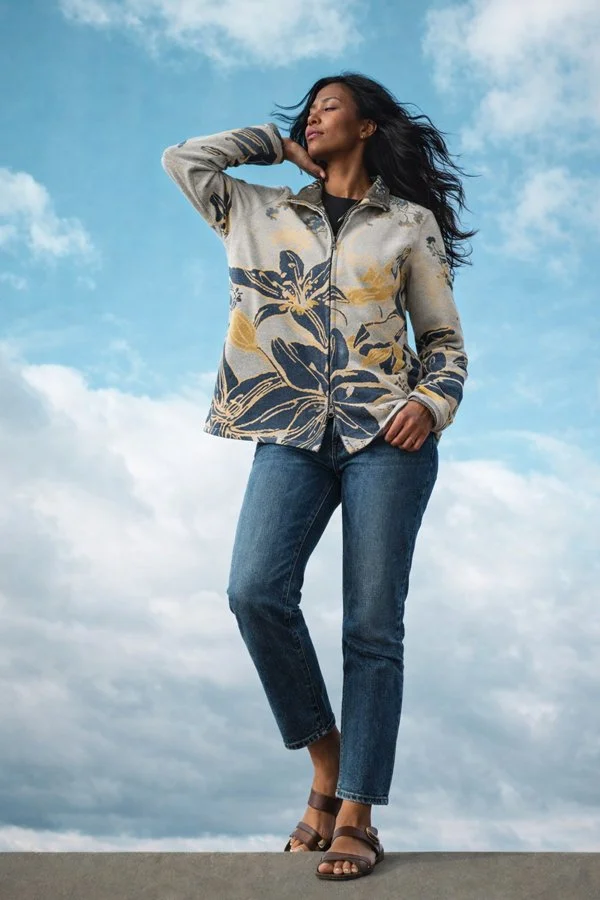 Navy / Yellow Wild Lily Reversible Zipper Sweater