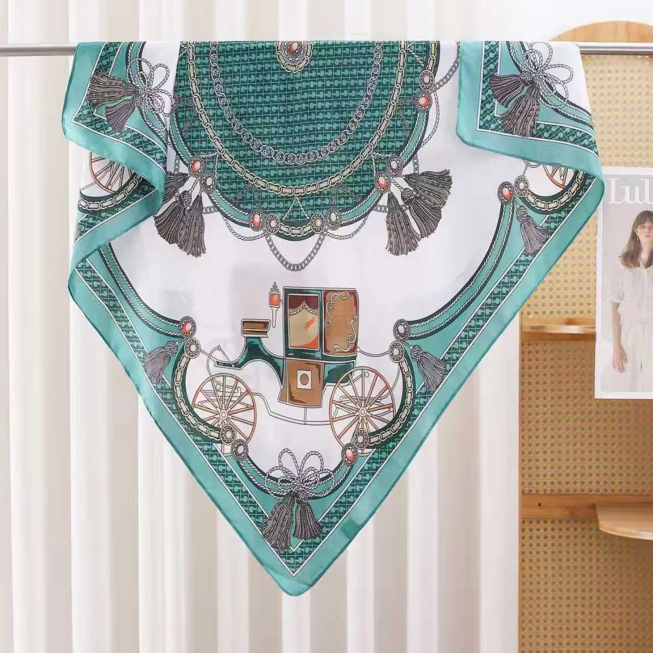 Square Equestrian Green Stagecoach Poly Scarf