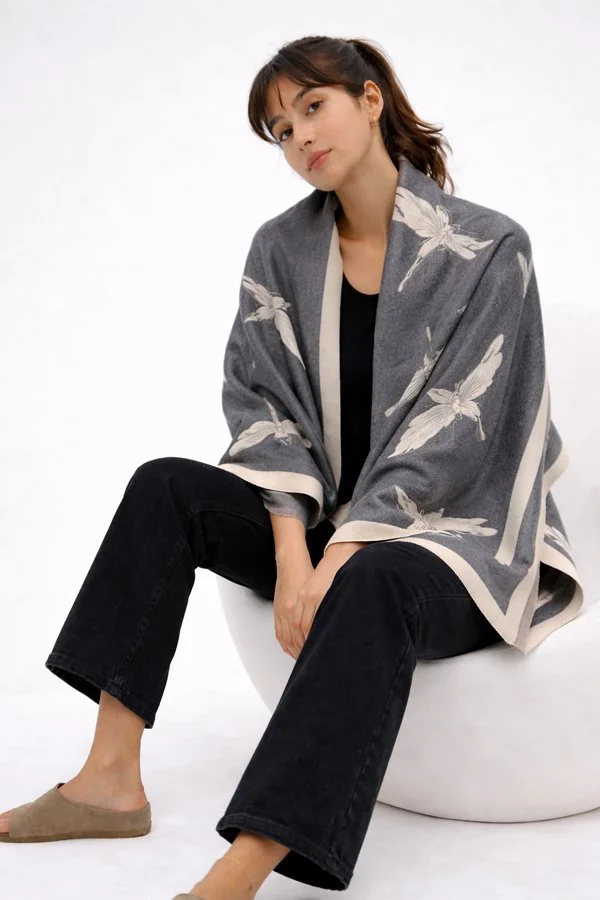 Gray / Ivory Dragonflies Reversible Wrap – Artisan Shawl