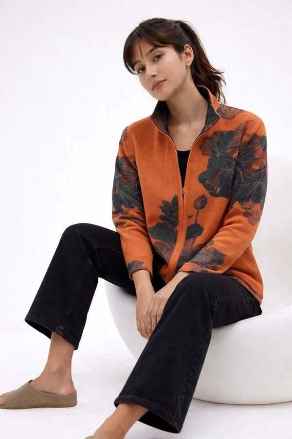 Orange / Navy Fan Leaves Zipper Sweater