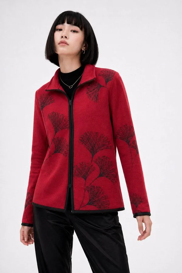 Red / Black Ginkgo Reversible Zipper Sweater