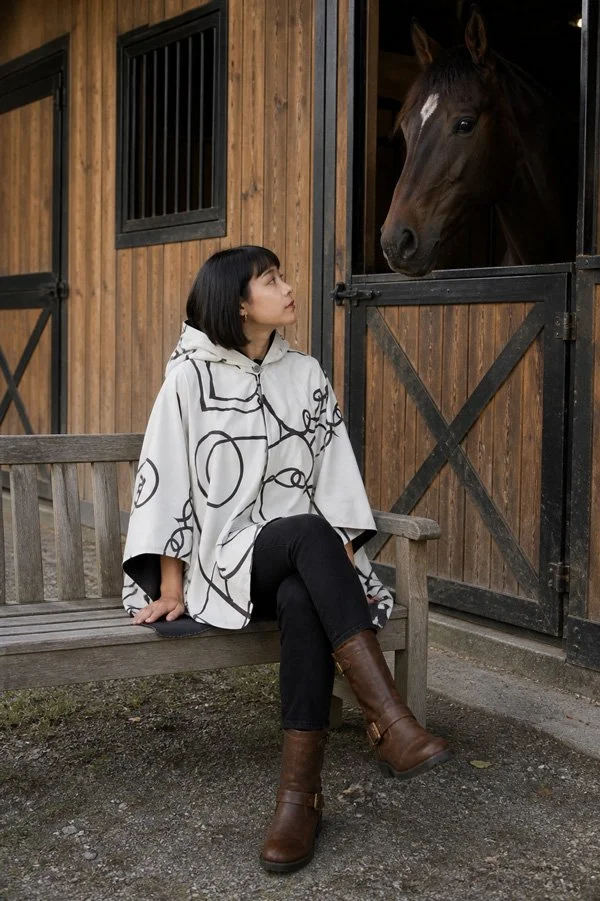 Black / White Reversible Rain Cape - Swirling horse Collection