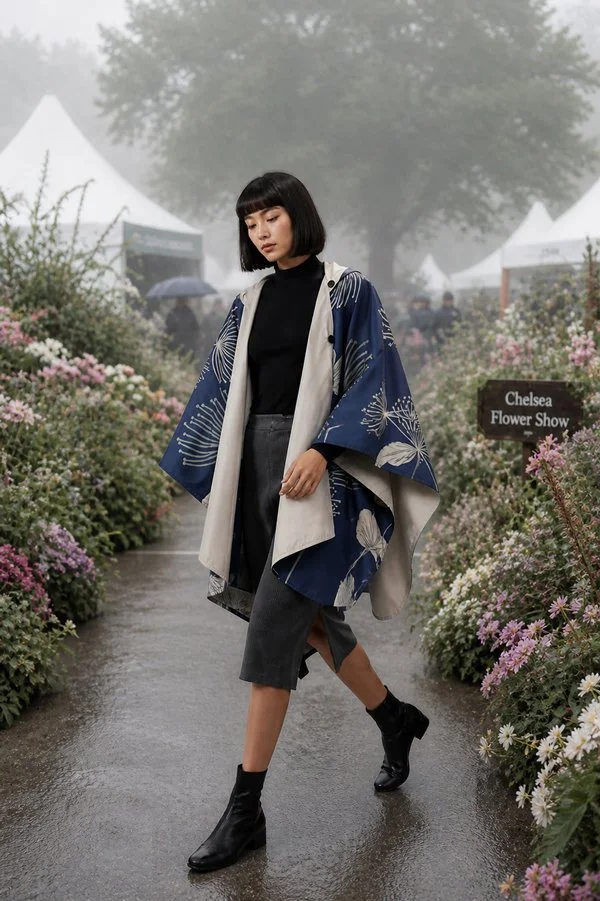 Navy / White Rain Cape - Falling Ginkgo Collection