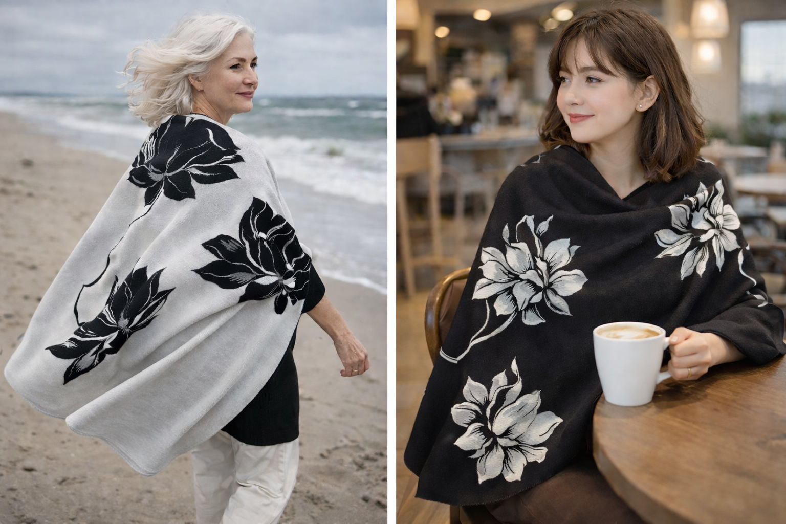White / Black Lotus Reversible Wrap – Artisan Shawl Collection