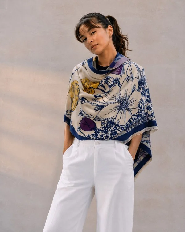 Blue / Yellow Floral Fields Reversible Wrap – Artisan Shawl
