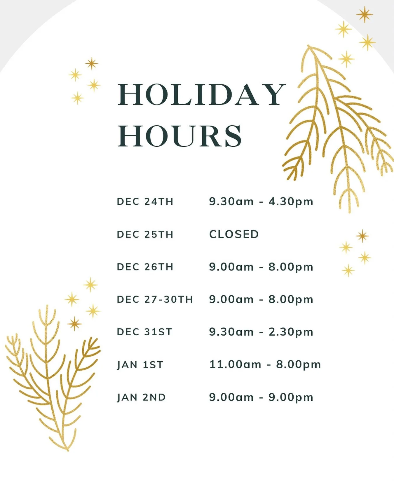 🎄✨ Holiday Hours ✨🎄

Here&rsquo;s when you can squeeze in some well-deserved relaxation this holiday season. If you can&rsquo;t find a time make sure you add yourself to the wait list. 🎅 

🗓️ Dec 24: 9:30 AM - 4:30 PM
🎁 Dec 25: CLOSED
❄️ Dec 26: