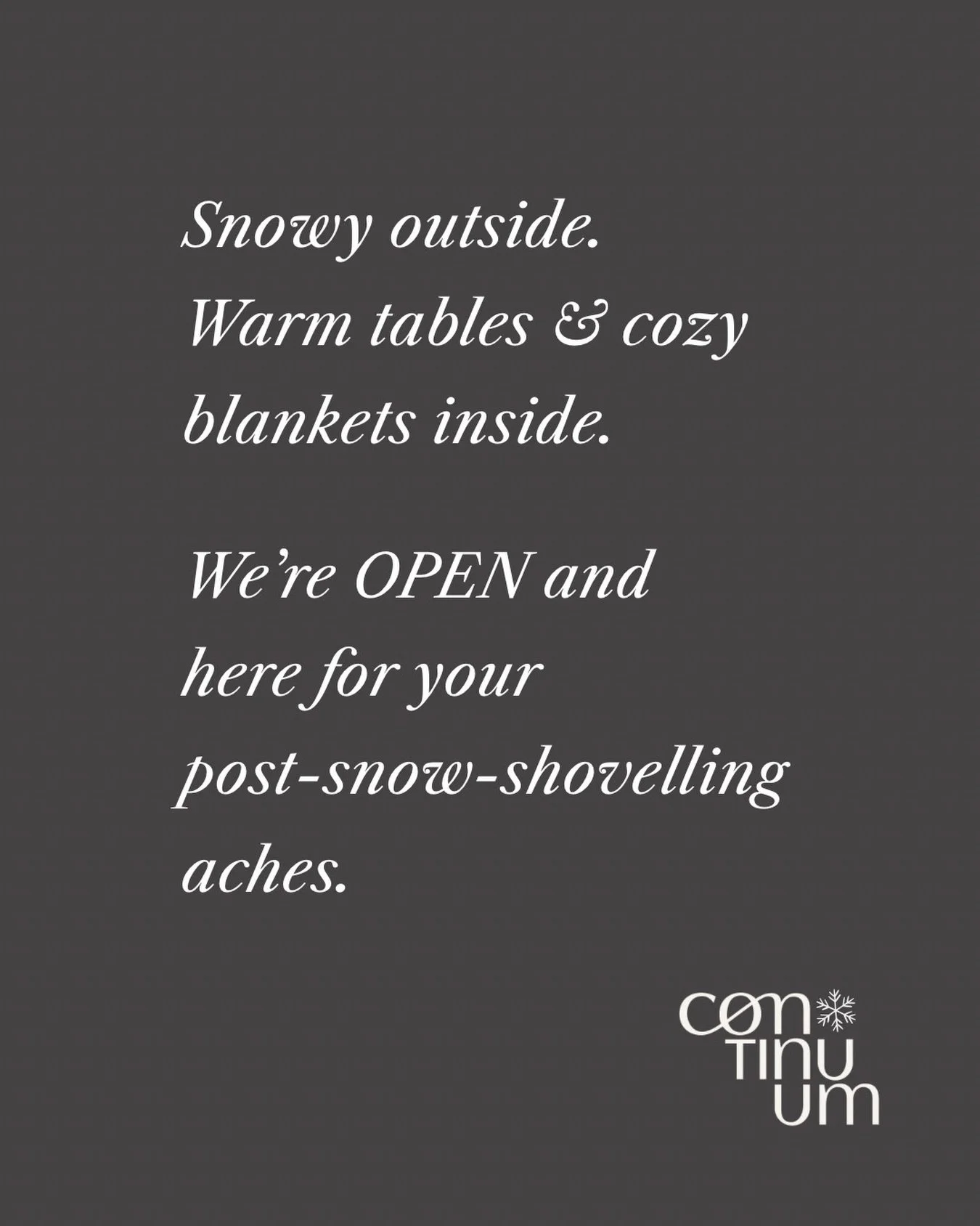 We&rsquo;re OPEN today with warm tables, cozy blankets, and care for your achy, post-snow body.

✨ Massage
✨ Cupping
✨ Hot Stones
✨ Reiki
✨ Acupuncture
✨ Chiropractic

🕗 Open 8am&ndash;8pm Monday, January 26th

Book if you&rsquo;re nearby and comfor