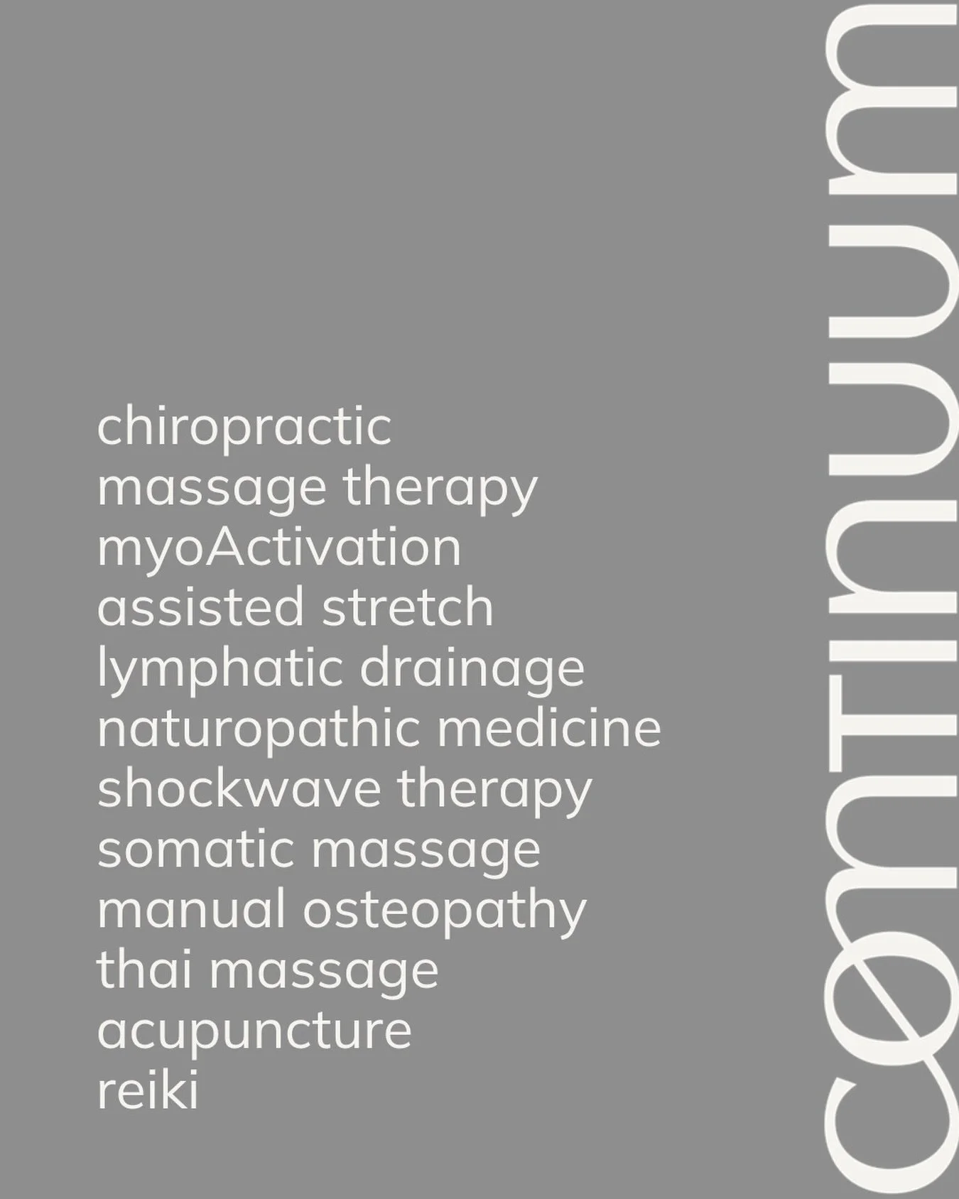 In case you missed the memo...

We offer some pretty kick-ass services here at Continuum Wellness. 😉

If you&rsquo;re looking to move better, recover from an injury, calm a busy nervous system, or take out an hour for yourself, we&rsquo;ve got a lot