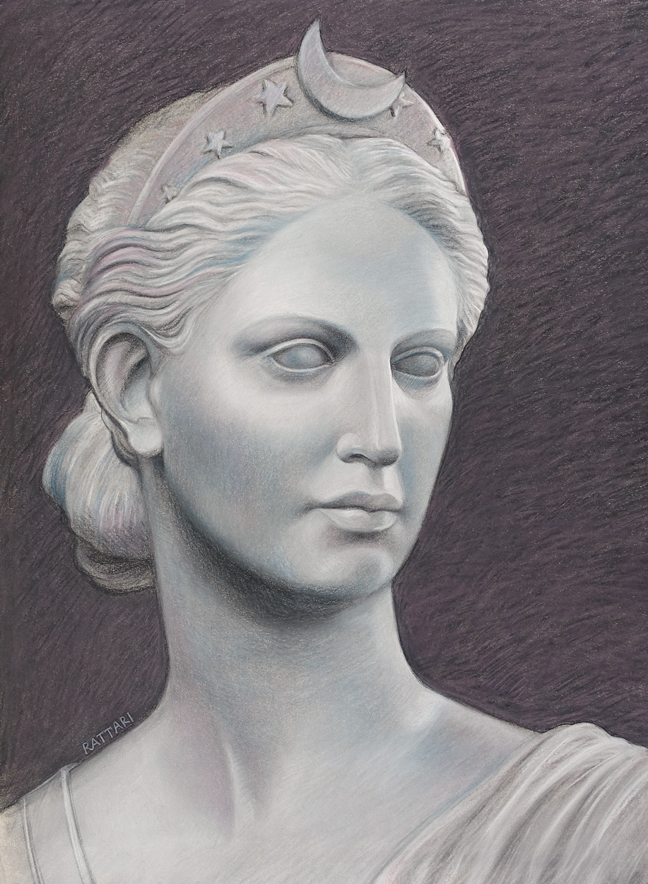 Diana by Hiram Powers, charcoal and pastel on paper, 22x16in