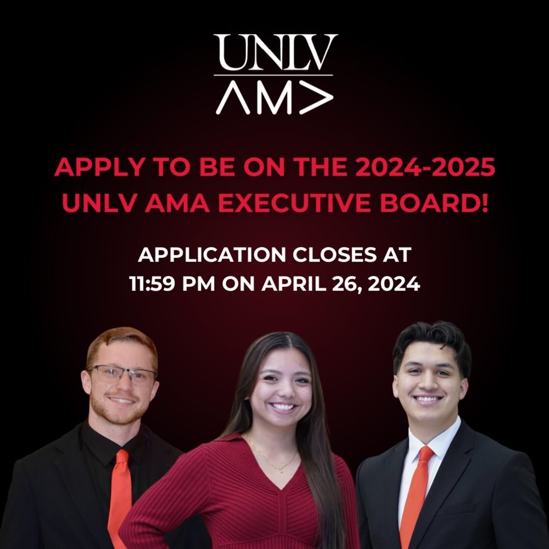 🌟 Join the UNLV AMA Executive Board! 🌟

✍️ Apply now to lead, innovate, and inspire as we take on the 2024-2025 school year together. 

✨ Be part of an award winning chapter that is Top 5 internationally! 
✨ Work with hardworking and diligent peopl