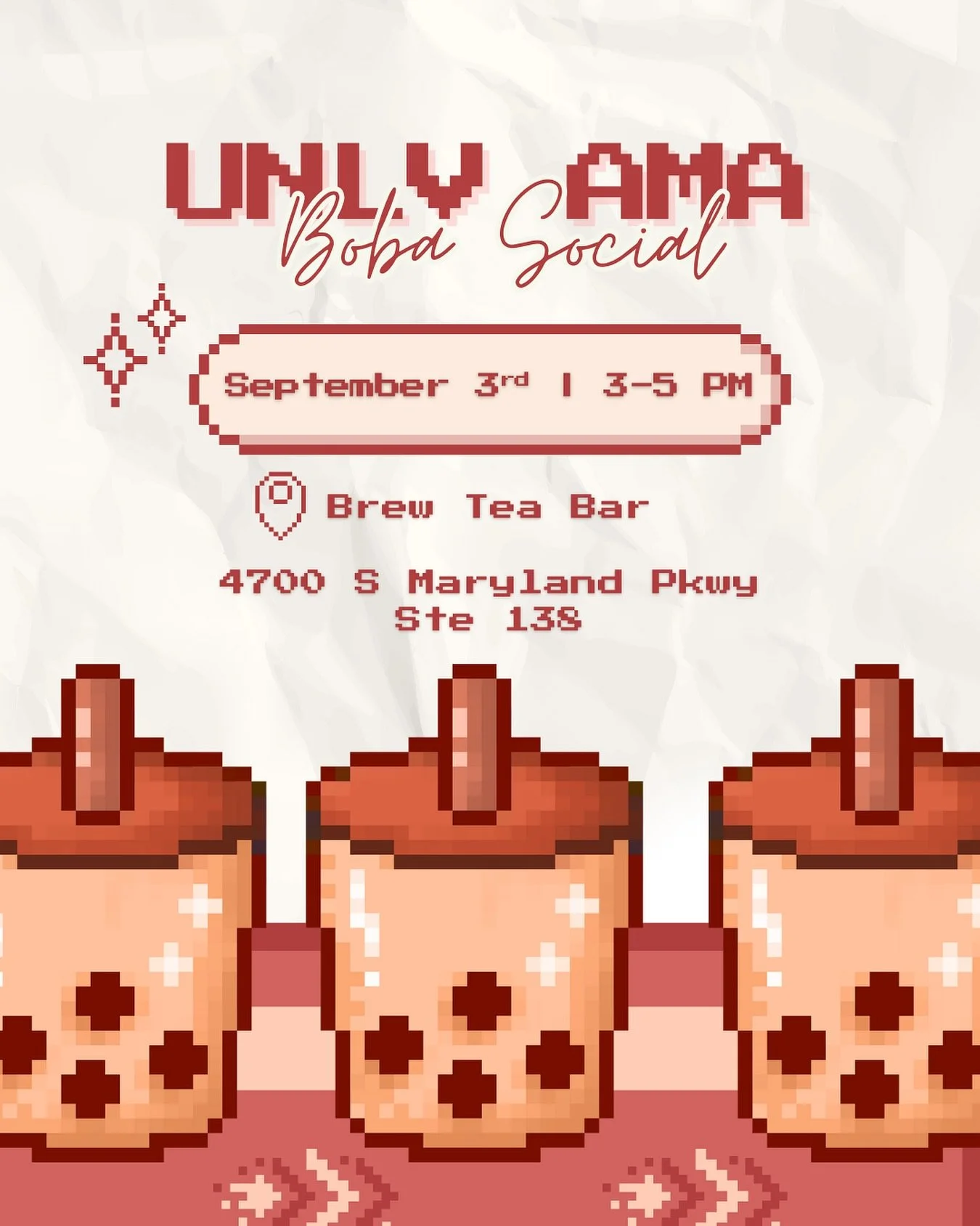 ✨ Boba + Networking = the perfect combo ✨
Join UNLV AMA at Brew Tea Bar on Sep 3 from 3–5 PM for our Boba Social! 🧋
Meet fellow members, make new friends, and learn how to get the most out of your AMA experience.
#UNLVAMA #BobaSocial #BrewT