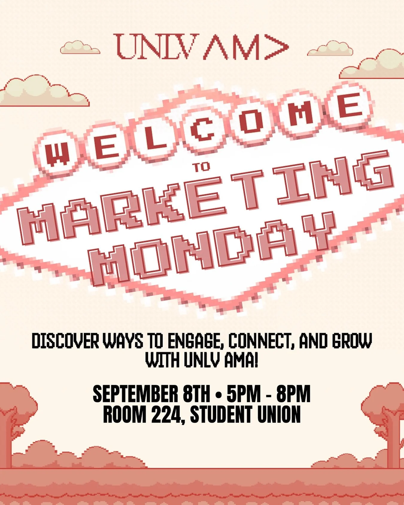 Now introducing Marketing Mondays ✨
Discover ways to engage, connect & grow with UNLV AMA! 👏🏼
📆 Monday, September 8th
⏰ 5PM - 8PM
📍Room 224, Student Union
Stay tuned & level up with us! 💡