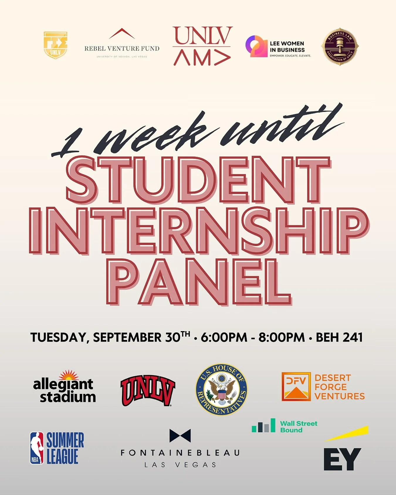 🚨 1 WEEK AWAY! 🚨
Join us for our Student Internship Panel and hear firsthand from students who turned opportunities into real-world experience 💼✨
📅 Save the Date: Tuesday, September 30th
🕕 6:00 – 8:00 PM
📍 Location: BEH 241
Don’t