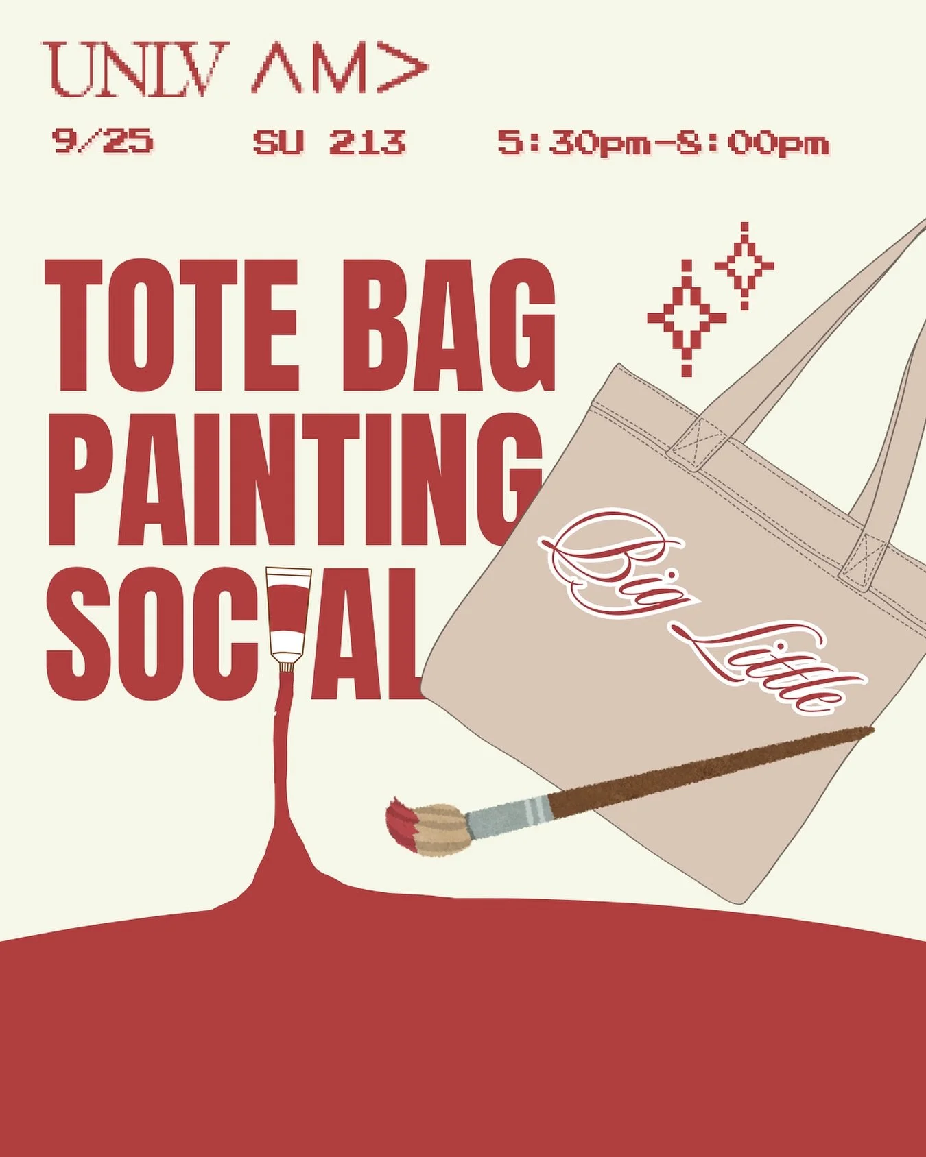 Get creative and show off your style! Join us for the AMA Tote Bag Social, where you can design and decorate your very own tote bag. 🎨
📆Thursday, September 25th
⏰5:30 PM – 8:00 PM
📍SU 213
No experience needed—just bring your creativi