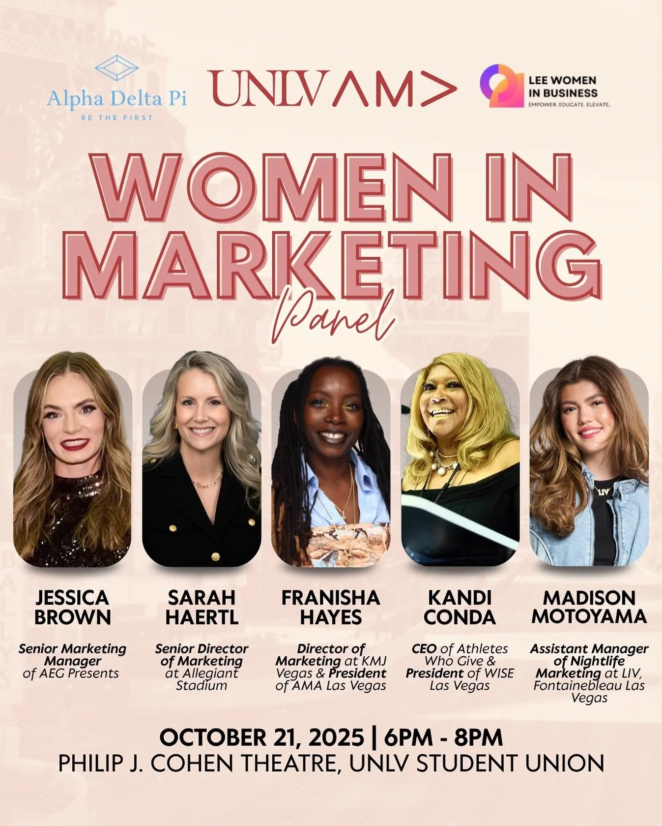 π Women in Marketing Panel π Join us for an inspiring evening featuring trailblazing women shaping the marketing industry — from nightlife and entertainment to sports and brand strategy.
ποΈ Tuesday, October 21
π 6:00 PM (Doors open 5:30 PM