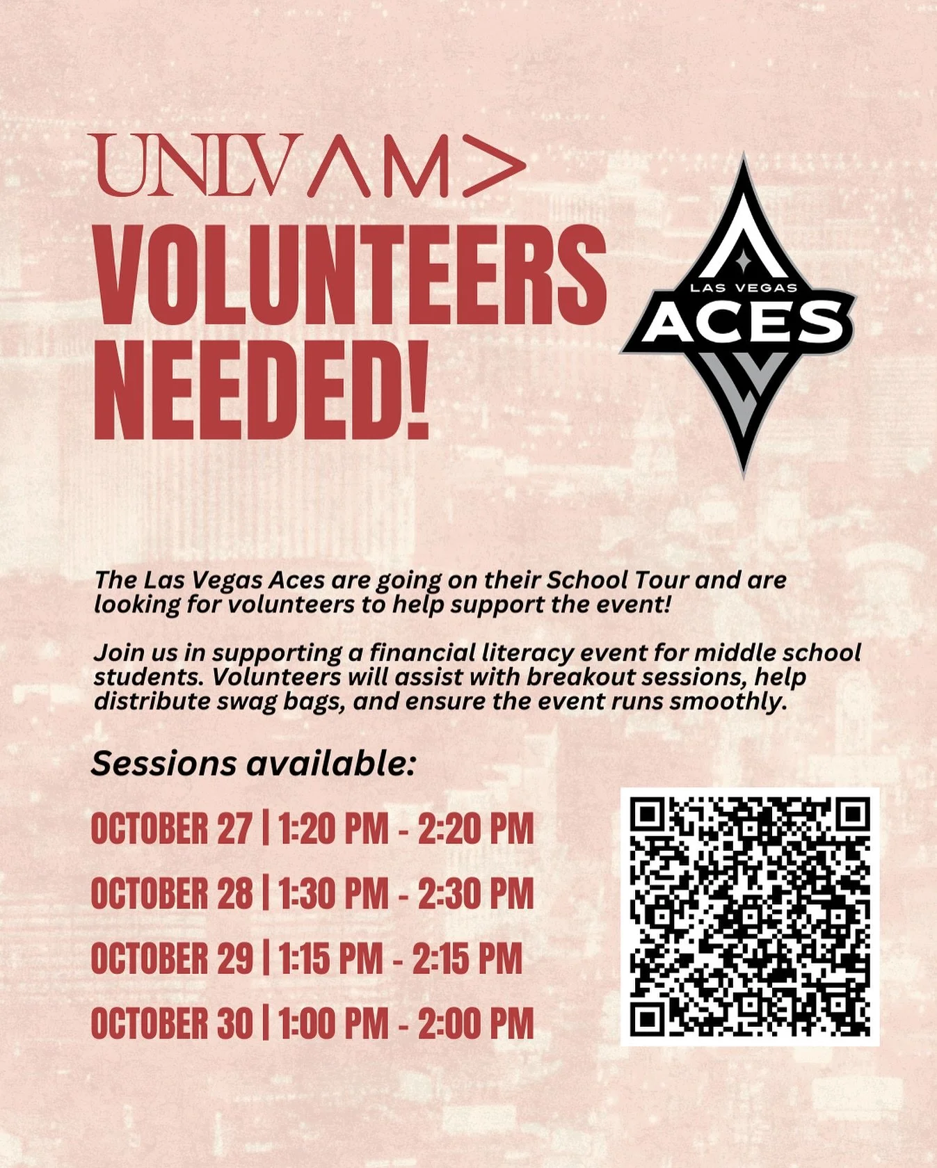 π Volunteer with the Las Vegas Aces School Tour! π
Be part of an exciting community event promoting financial literacy for middle school students! π‘
We’re looking for volunteers to:
β¨ Assist with breakout sessions
π Distribute swag bags
π€