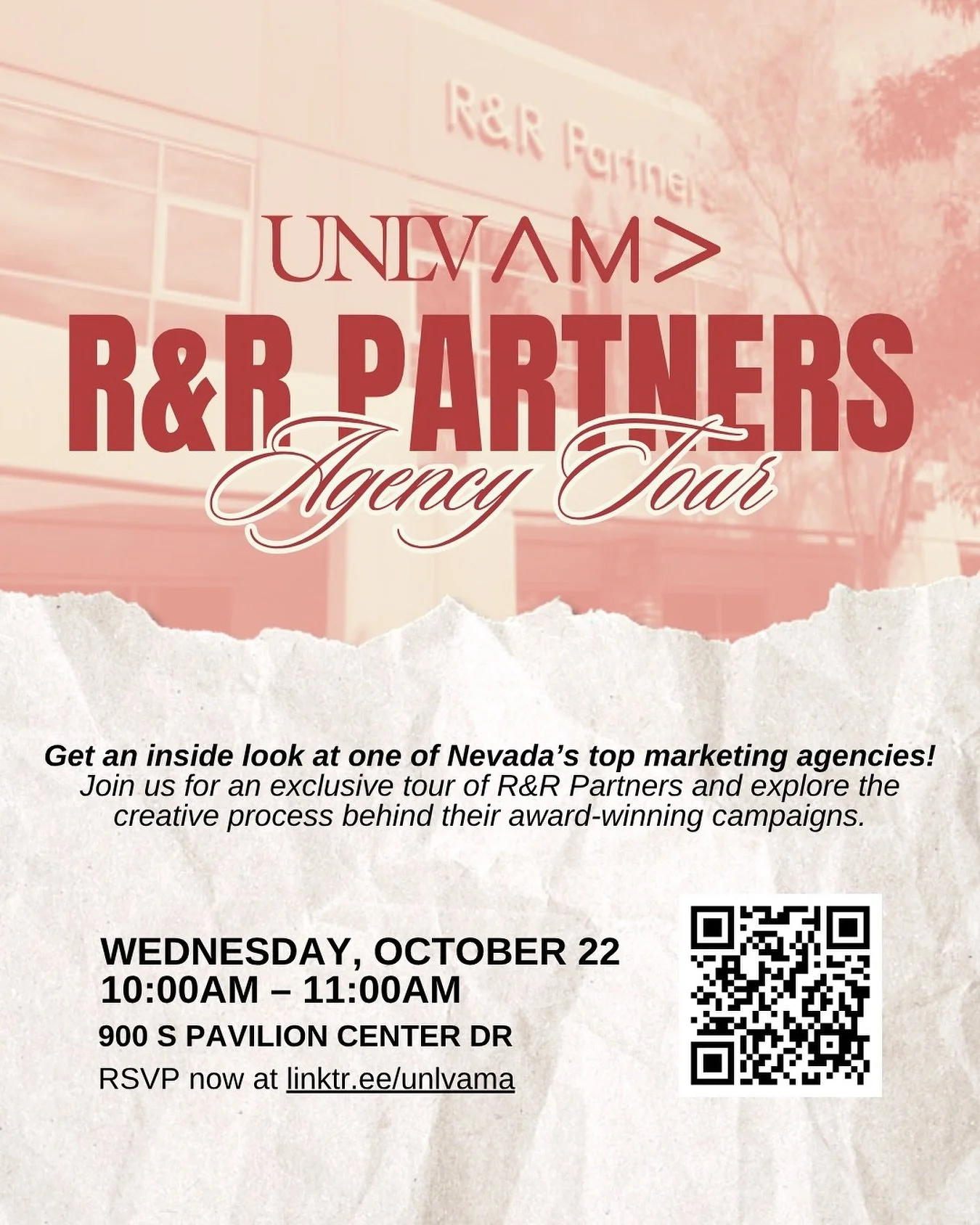 R&R Partners Agency Tour
π
Wednesday, October 22 | π 10:00AM – 11:00AM
π R&R Partners | 900 S Pavilion Center Dr, Las Vegas, NV
Get an inside look at one of Nevada’s top marketing agencies! Join us for an exclusive tour of R&a
