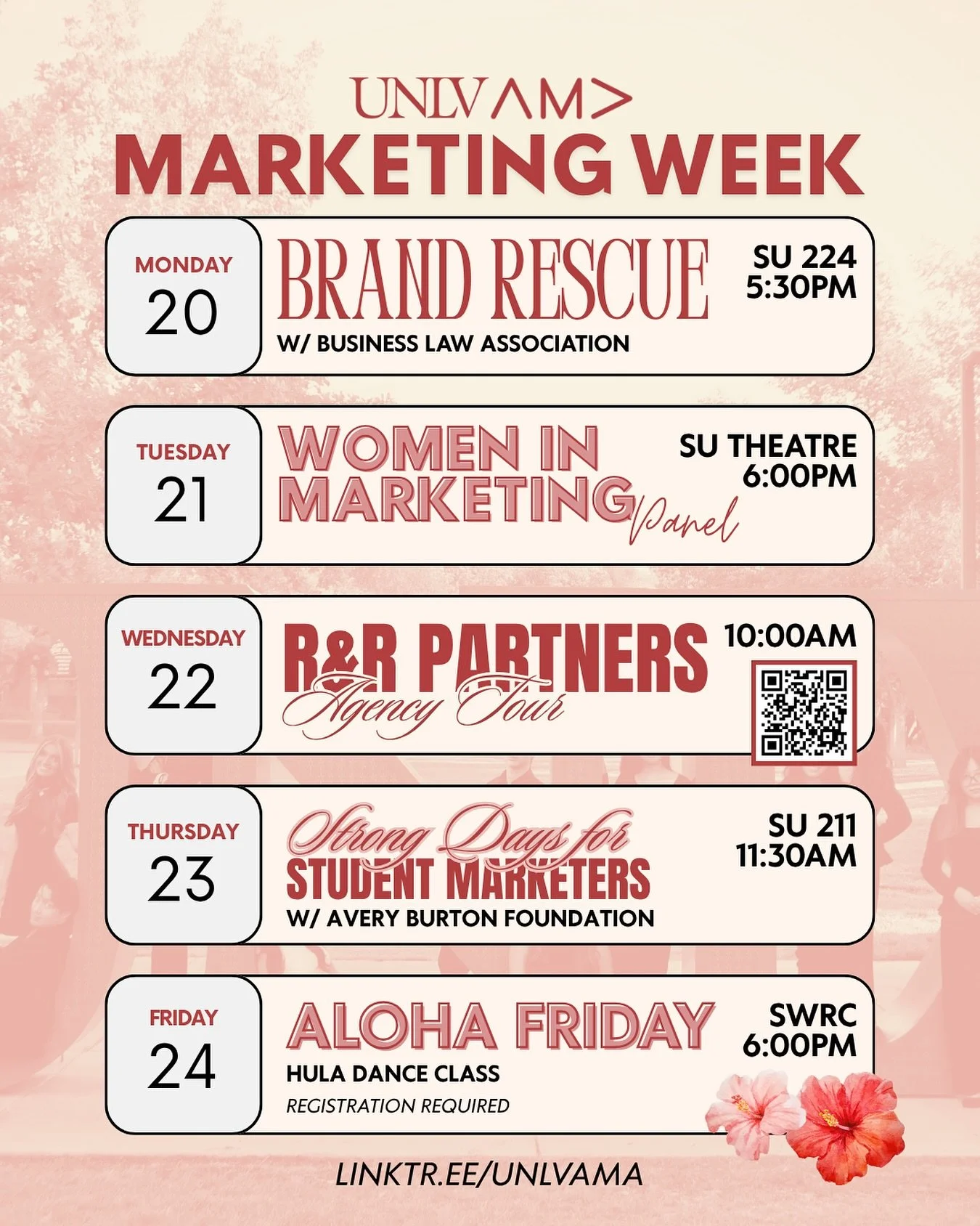 ๐
 It’s officially UNLV AMA Marketing Week! ๐
Join us for a week full of opportunities to learn, connect, and have fun—from inspiring panels to hands-on workshops and exciting socials! ๐ผ๐
Don’t miss your chance to grow your net
