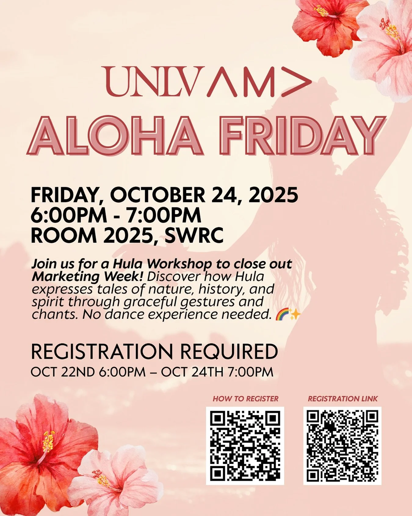 Join us for a special Hula Workshop led by instructor Hope Whitney, a celebration of Hawaiian culture through storytelling, movement, and music. ๐โจ
๐ Friday, October 24th | 6–7 PM
๐ SRWC Gym Room 2025
๐
 Register Oct 22–24 in our bio!