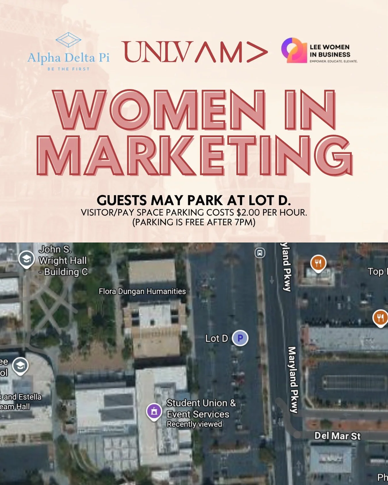 ๐ Attending Women in Marketing tonight? 
Guests may park in Lot D, right next to the Student Union!
Visitor/pay spaces cost $2.00 per hour, and parking is free after 7 PM. ๐
๐ Lot D | Near the Student Union