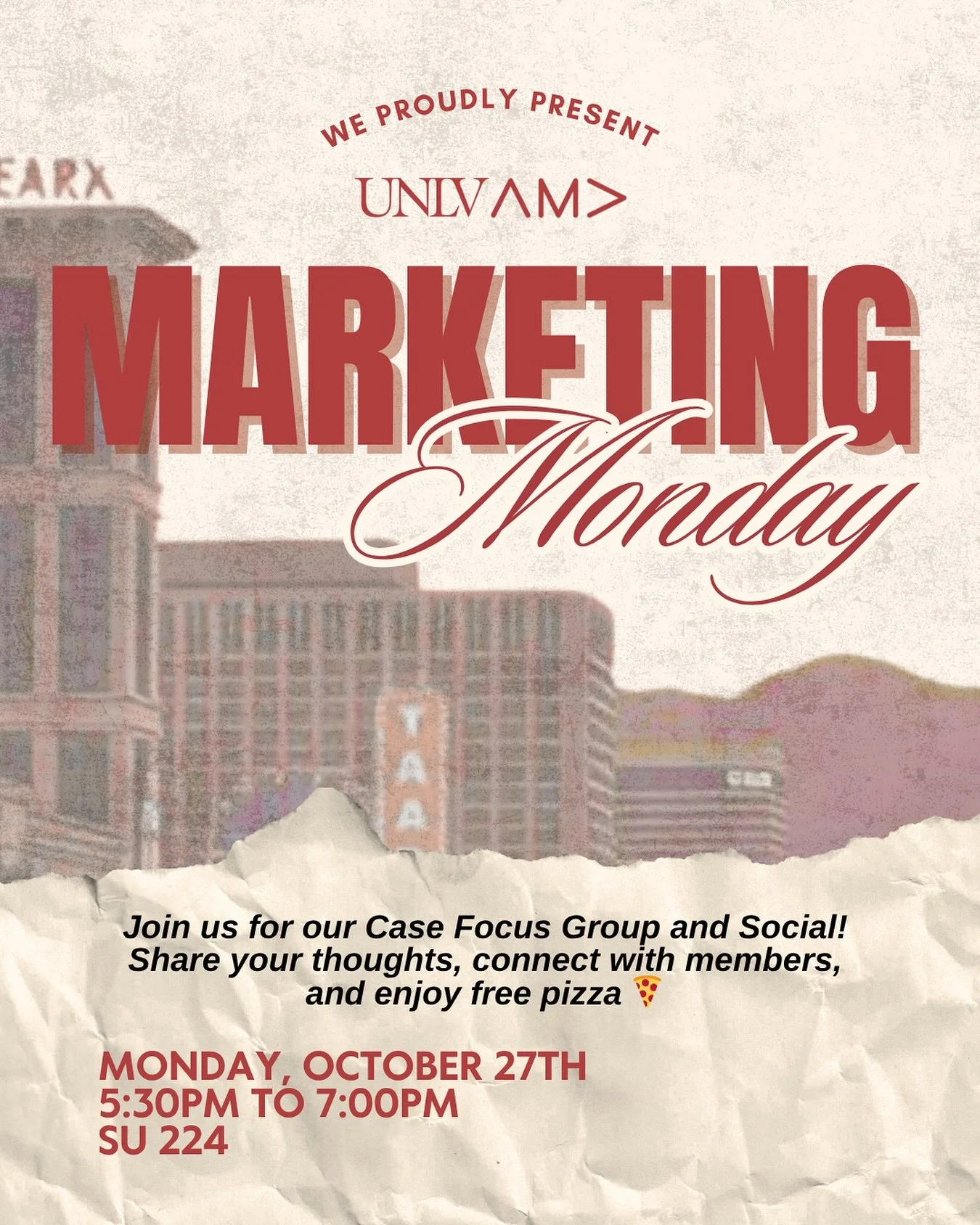 ๐ Marketing Monday is back!
Join us for our Case Focus Group and Social — share your thoughts, connect with members, and enjoy some free pizza! ๐
๐๏ธ Monday, October 27th
โฐ 5:30–7:00 PM
๐ SU 224