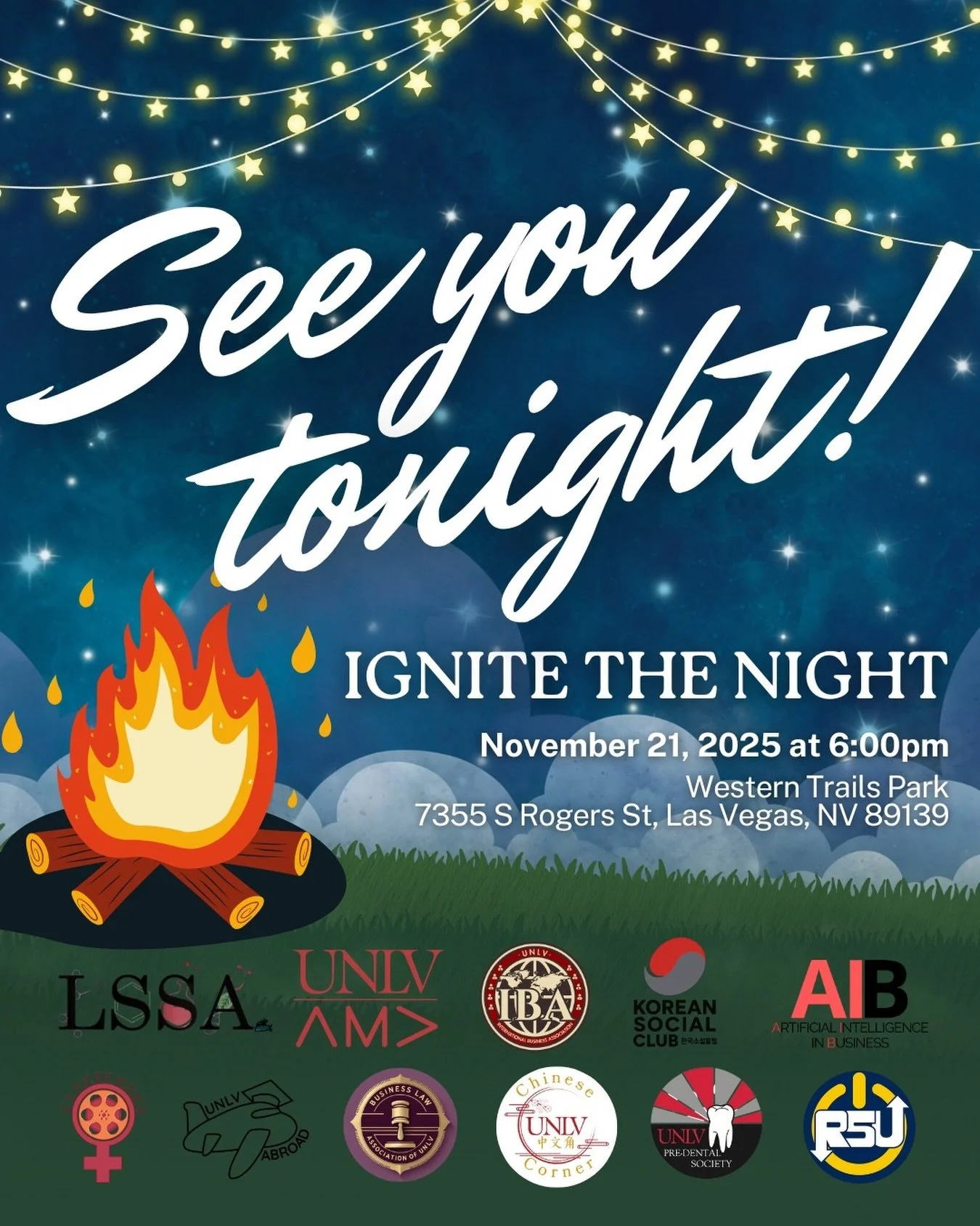 Yes, we&rsquo;re still on for TONIGHT! 🔥🌙
Ignite the Night 2.0 is happening! We&rsquo;re excited to come together for one unforgettable evening of connection, culture, and community with 11 UNLV clubs collaborating for this special night.

🏕️ Frid