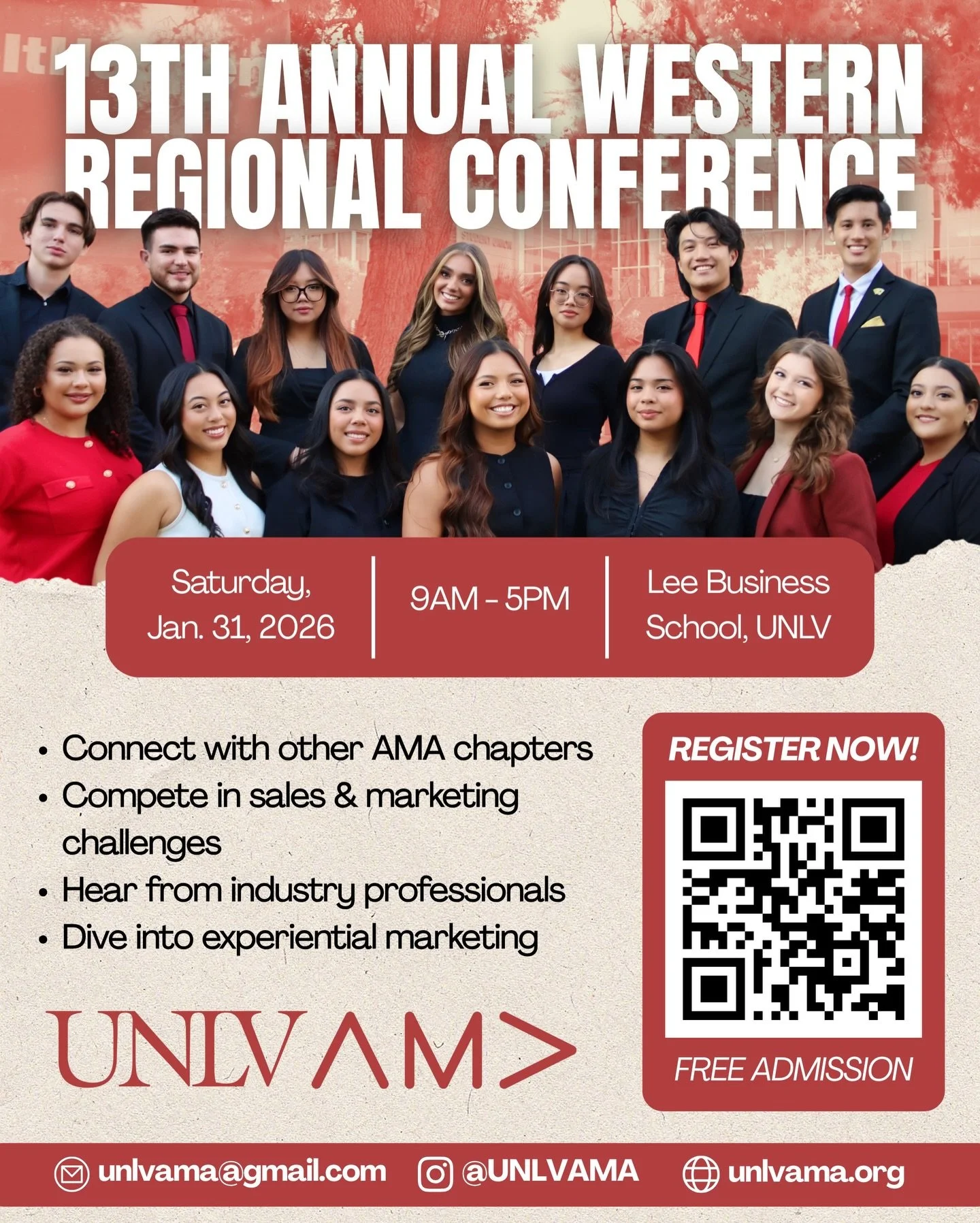 Calling all students and AMA Collegiate Chapters! 👋
We are excited to invite you to our 13th Annual Collegiate Western Regional Conference in Las Vegas on Saturday, January 31, 2026!

This full-day experience is designed to connect the region&rsquo;
