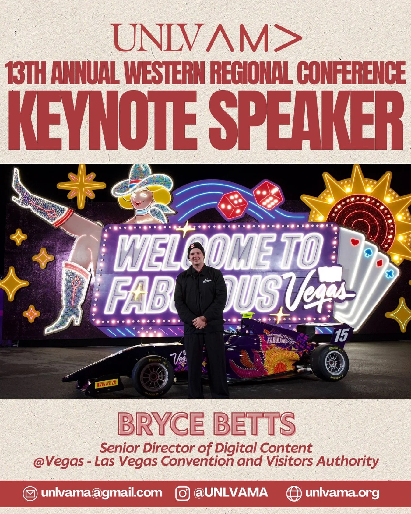 Bryce Betts, Senior Director of Digital Content for Las Vegas Convention and Visitors Authority - LVCVA (@Vegas) will be joining the UNLV AMA&rsquo;s Western Regional Conference as a keynote speaker! 🎤

As a UNLV AMA alumnus, Bryce brings extensive 
